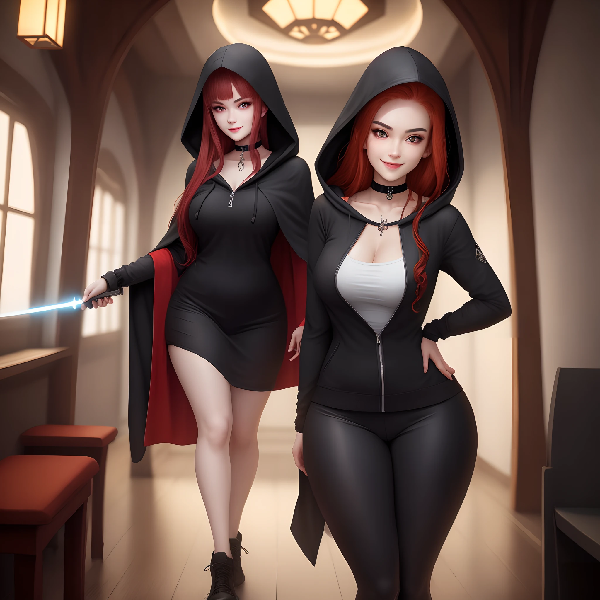 (((2heads))), obese woman,52 years old,very pale skin, double chin,thick rimmed glasses, dresed like a sorceress, mohawk, auburn hair,cleavage,posing,under a medieval bridge,