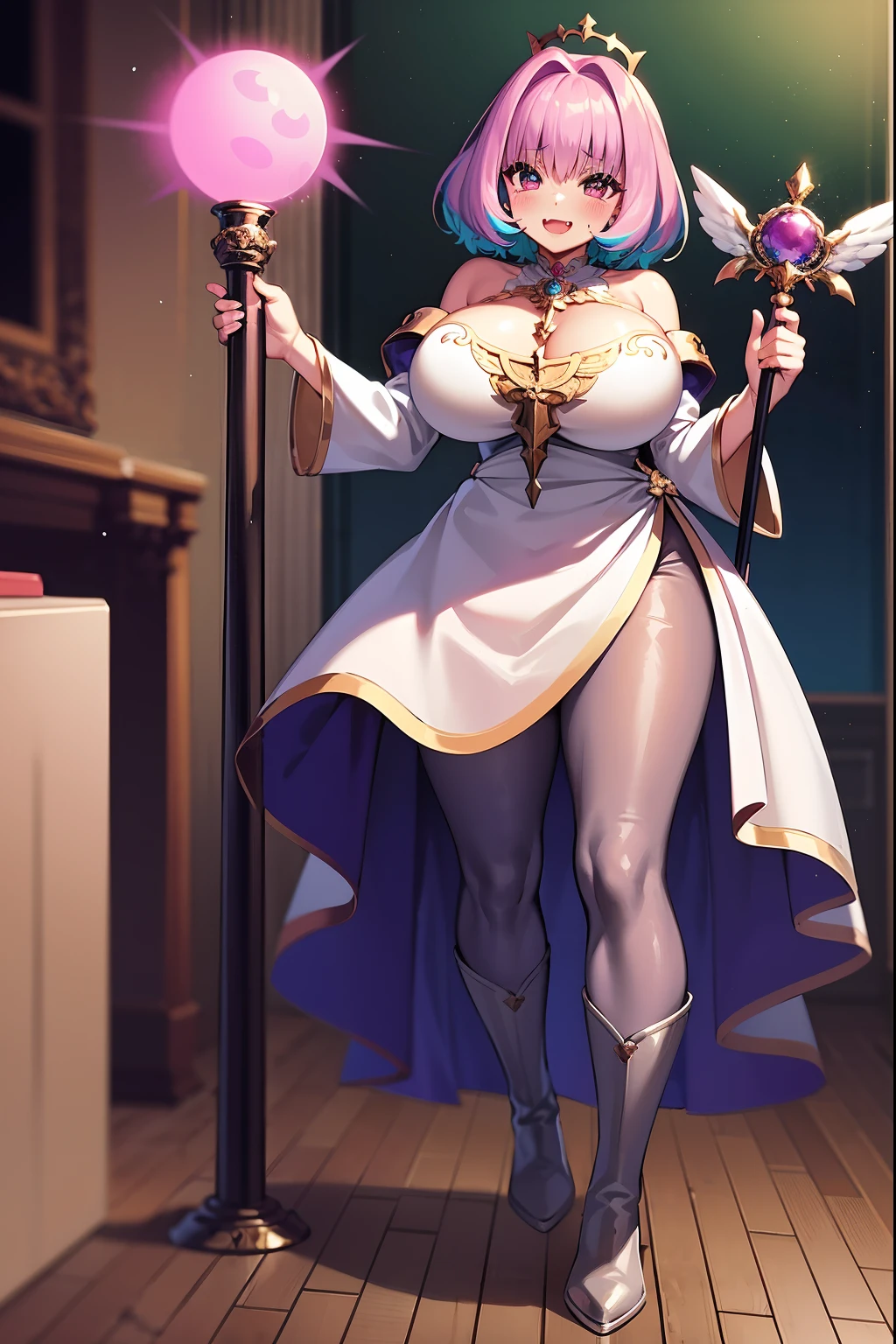 (best quality,masterpiece:1.2),intricate details,beautiful detailed eyes,beautiful detailed lips,extremely detailed eyes and face,longeyelashes,riamu, modeseven,super curvy,comic style,vibrant colors,standing,innocent, full body, standing, smile, princess dress, noble clothing, holy angel magicalgirl, open mouth fang, holy haura, halo, smile, joyfull, paladin, staff holding, full body , boots, standing,cute,breast, curvy, female,fantasy goddess,there is a cartoon picture of a woman with a very large breast, glowing angelic being, glowing holy aura, inspired by Luma Rouge, the non-binary deity of spring, ethereal rainbow nimbus, the butterfly goddess of fire, inspired by Marie Angel, glowing aura around her, astral fairy, as the goddess of the sun, “uwu the prismatic person, big breast, happy, beautiful eyes, , full body, walking, long robe, long dress, ,priestess ,holy, smile, pants, body suit, coat, pantyhose