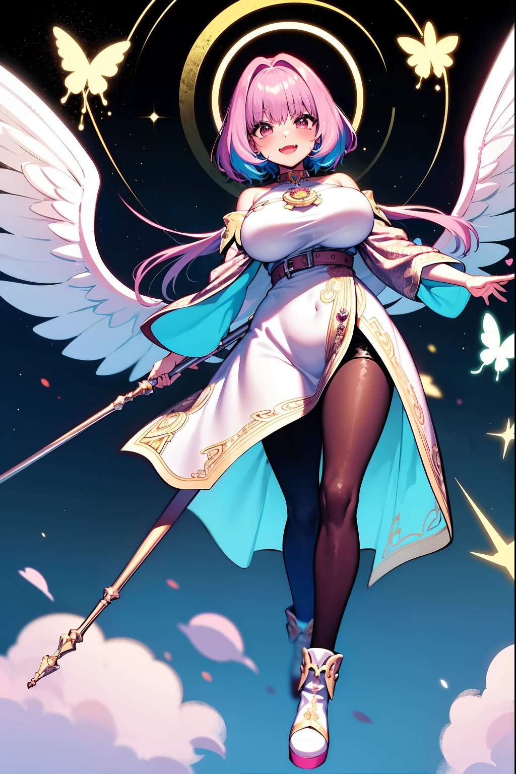 (best quality,masterpiece:1.2),intricate details,beautiful detailed eyes,beautiful detailed lips,extremely detailed eyes and face,longeyelashes,riamu, modeseven,super curvy,comic style,vibrant colors,standing,innocent, full body, standing, smile, princess dress, noble clothing, holy angel magicalgirl, open mouth fang, holy haura, halo, smile, joyfull, paladin, staff holding, full body , boots, standing,cute,breast, curvy, female,fantasy goddess,there is a cartoon picture of a woman with a very large breast, glowing angelic being, glowing holy aura, inspired by Luma Rouge, the non-binary deity of spring, ethereal rainbow nimbus, the butterfly goddess of fire, inspired by Marie Angel, glowing aura around her, astral fairy, as the goddess of the sun, “uwu the prismatic person, big breast, happy, beautiful eyes, , full body, walking, long robe, long dress, ,priestess ,holy, smile, pants, body suit, coat, pantyhose