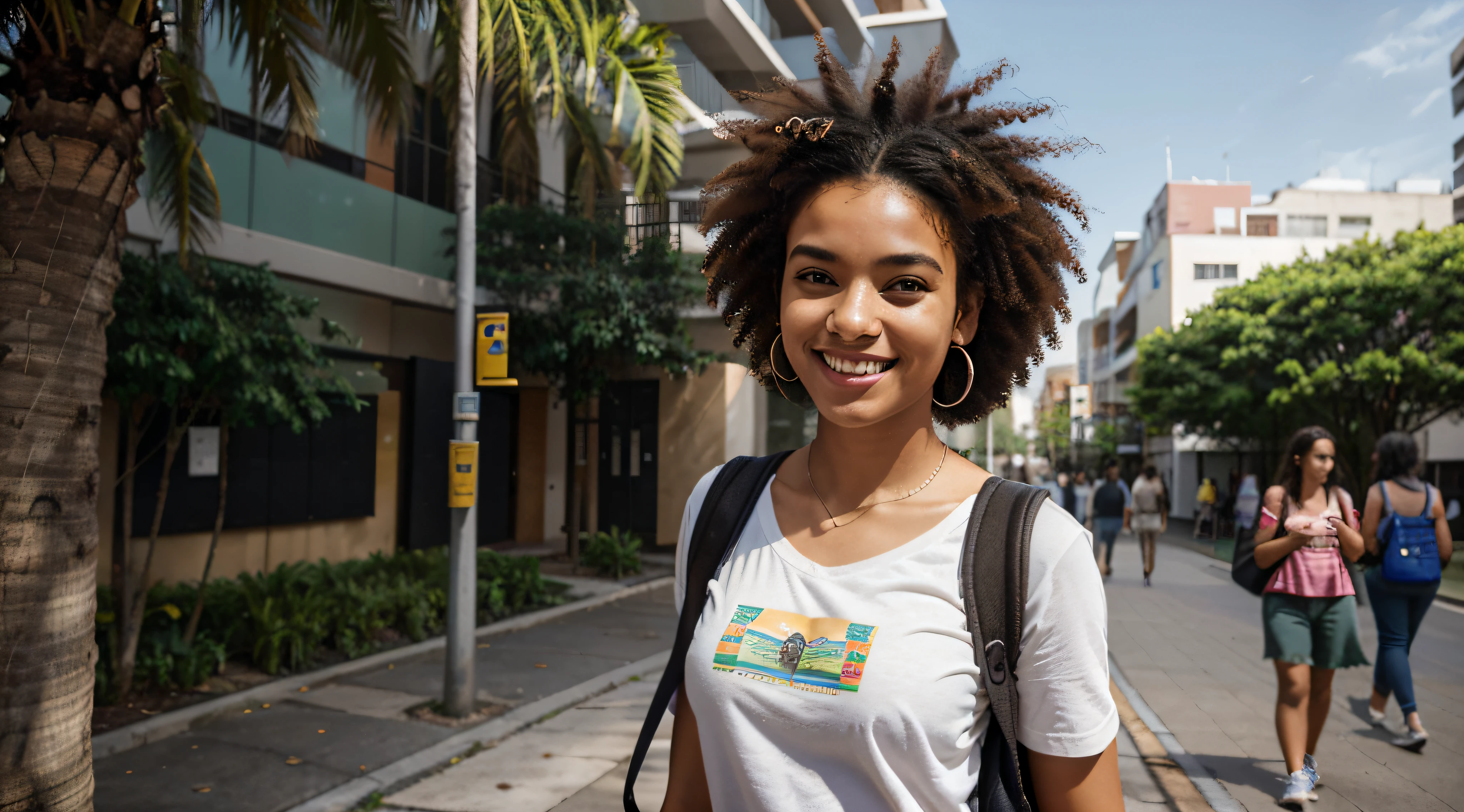 Generate an image of a Brazilian student happily strolling through a busy university campus. she is tall and slender, com um penteado afro marcante que exala um senso de individualidade. Her captivating light brown eyes sparkle with determination and curiosity.
She's dressed in a loose, blusa verde, uma cor que complementa seu sorriso radiante. She wears a practical student backpack on her back, symbolizing your academic dedication. Enquanto ela caminha, She carries a stack of graphite-covered books in one hand, showcasing your passion for literature, And she holds a modern set of wireless earbuds around her neck.
This distinguished student embodies the spirit of a cheerful, Estudante apaixonada por livros com seu penteado afro, while confidently navigating the lively atmosphere of the university campus.