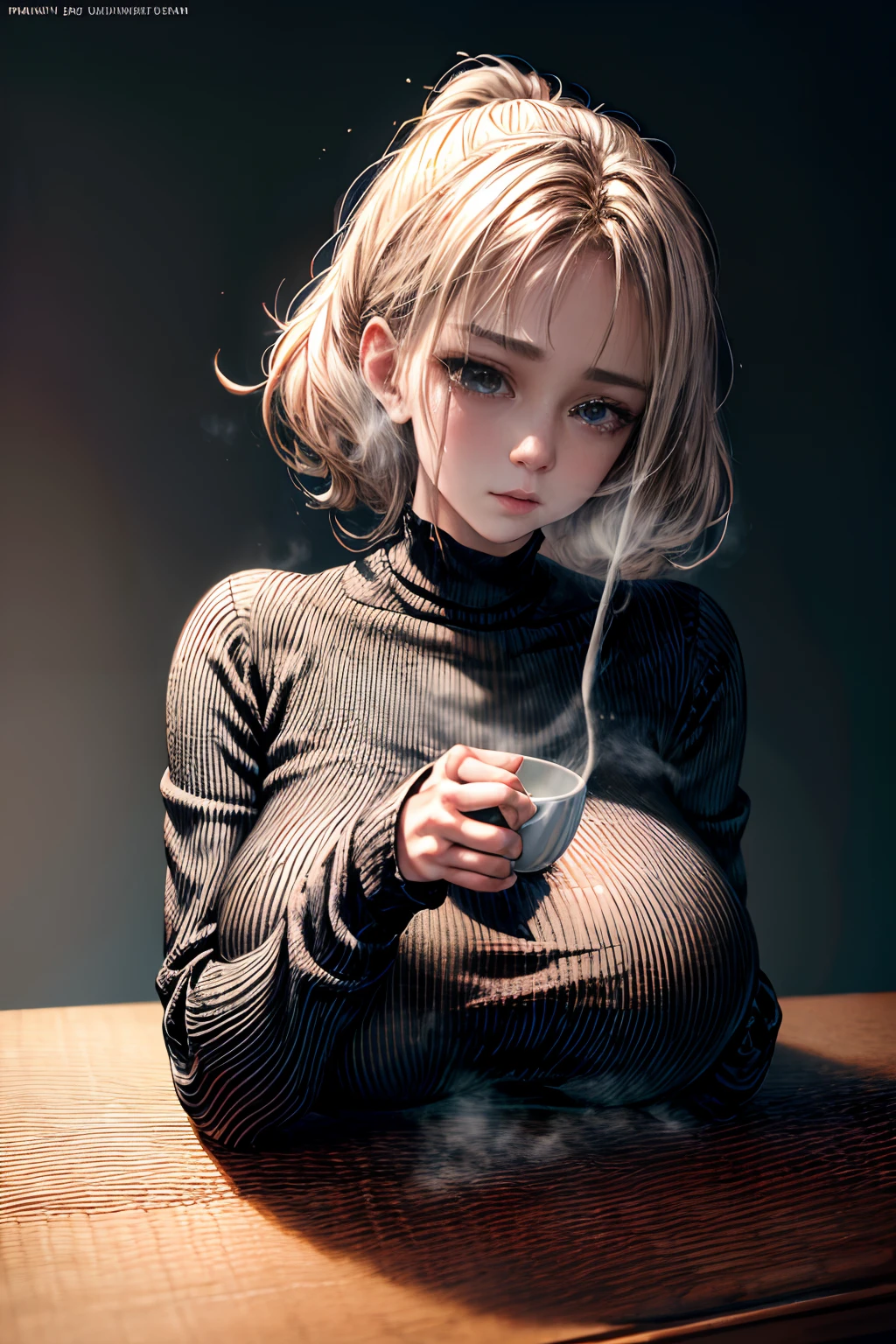 A minimalist portrait of a woman in a knit tops drinking a (steaming cup of tea:1.2), (detailed beautiful face:1.0), vector image, abstract lines, gigantic breasts, giga_busty,Detailedface