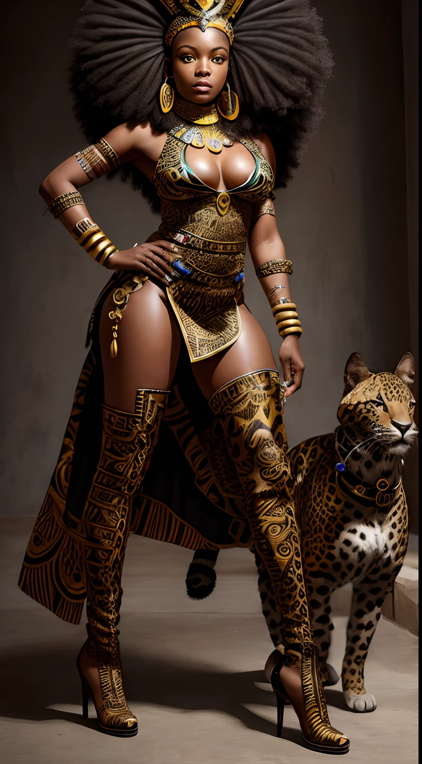 Mulher negra; Rainha guerreira; Afrofuturismo; luz difusa, figurino africano; Orixá Oxossi; saia com babados; ORIXA HUNTER, arco e flecha; afrofuturista; jaguar print;Afrofuturistic African warrior queen in Zulu collar costume with pheasant feathers, Beads & Beads, Mirrored metal parts with Zulu design and African Zulu crown print high heel boot