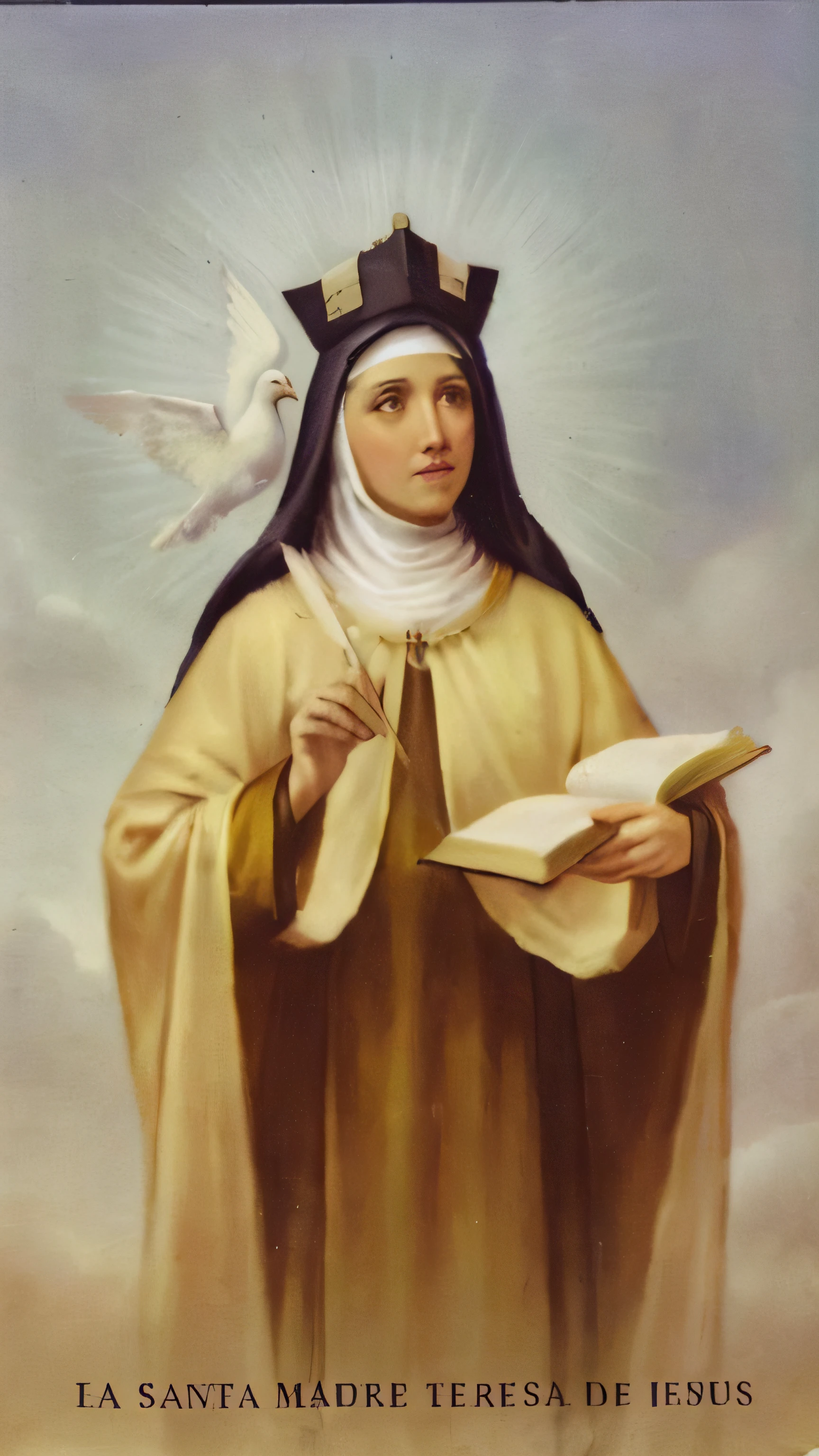 imagem de uma freira segurando um livro e uma pomba, majestosa mulher de santo, santa mulher, padroeiro do 🛸🌈👩🏾, santo, queen of heaven, santas mulheres, christian saint, agora, Santo ortodoxo, Retrato gracioso santo, artista desconhecido, artista desconhecido, inspired by Thomas Aquinas Daly, inspirado no Mestre da Lenda de Santa Luzia