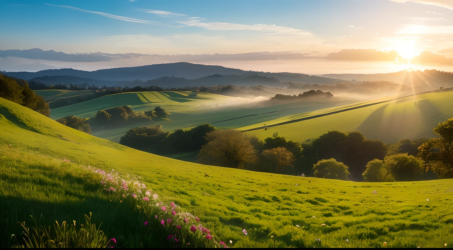 photos realistic, masutepiece, A sunrise spring morning with the sweet scent of life in the air, In open meadows
