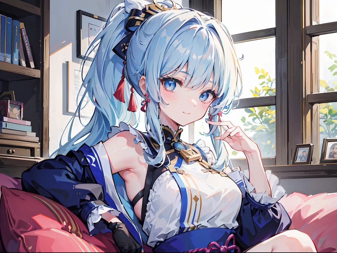(masterpiece), (best quality), (ultra detailed),(disheveled hair),(illustration), (1girl), standing, smiling, beautiful detailed eyes, light blue eyes, detailed beautiful face, (kamisato ayaka: 1.2), focus on face, ponytail, kamisato ayaka(genshin impact), light blue hair, detailed hair, bangs, best lighting, best shadow, highly detailed, vibrant, sitting on sofa