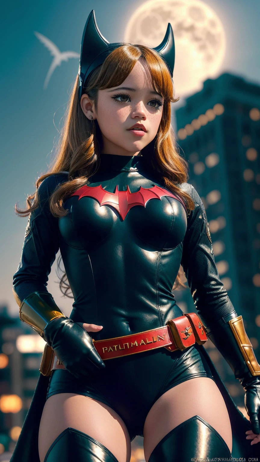 jenna ortega, 1girl, full body, style of the Batwoman costume, medium breasts, Yellow Batman Logo on Chest and the belt, masterpiece, best quality, detailed skin texture, detailed cloth texture, beautiful detailed face, intricate details, ultra detailed, Short blonde hair, (Night Gotham city Background), full moon on the sky, ((squating, separate the legs, looks down, bottom Engles, from below)), (Best quality, A high resolution, Photorealistic, primitive, 8K,Masterpiece, ),Best quality, Masterpiec8K.hdr. High ribs:1.2, filmgrain, Blur bokeh:1.2, Lens flare, (vivd colour:1.2), (Delicate),