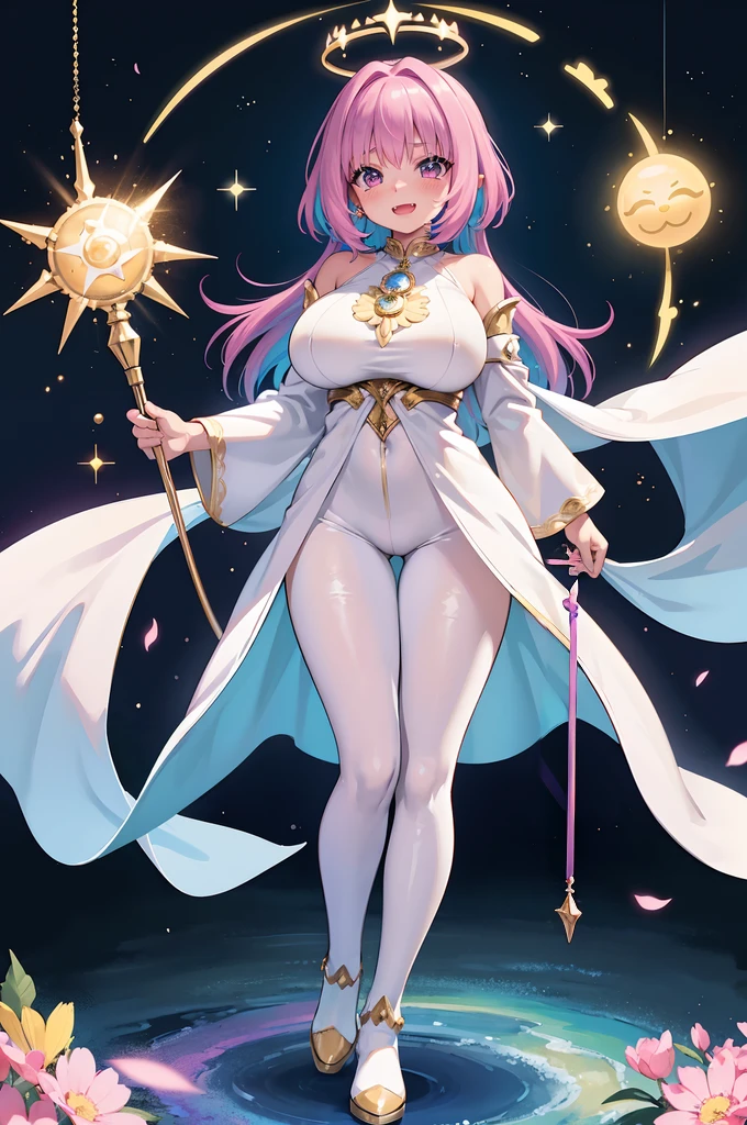(best quality,masterpiece:1.2),intricate details,beautiful detailed eyes,beautiful detailed lips,extremely detailed eyes and face,longeyelashes,riamu, modeseven,super curvy,comic style,vibrant colors,standing,innocent, full body, standing, smile, princess dress, noble clothing, holy angel magicalgirl, open mouth fang, holy haura, halo, smile, joyfull, paladin, staff holding, full body , boots, standing,cute,breast, curvy, female,fantasy goddess,there is a cartoon picture of a woman with a very large breast, glowing angelic being, glowing holy aura, inspired by Luma Rouge, the non-binary deity of spring, ethereal rainbow nimbus, the butterfly goddess of fire, inspired by Marie Angel, glowing aura around her, astral fairy, as the goddess of the sun, “uwu the prismatic person, big breast, happy, beautiful eyes, , full body, walking, long robe, long dress, ,priestess ,holy, smile