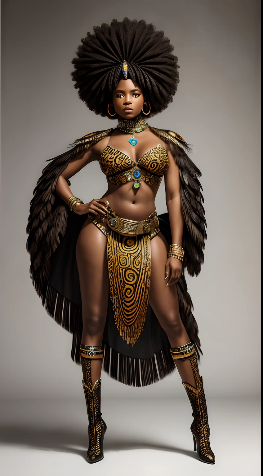 Mulher negra; Rainha guerreira; Afrofuturismo; luz difusa, figurino africano; Orixá Oxossi; saia com babados; ORIXA HUNTER, arco e flecha; afrofuturista; jaguar print;Afrofuturistic African warrior queen in Zulu collar costume with pheasant feathers, Beads & Beads, Mirrored metal parts with Zulu design and African Zulu crown print high heel boot