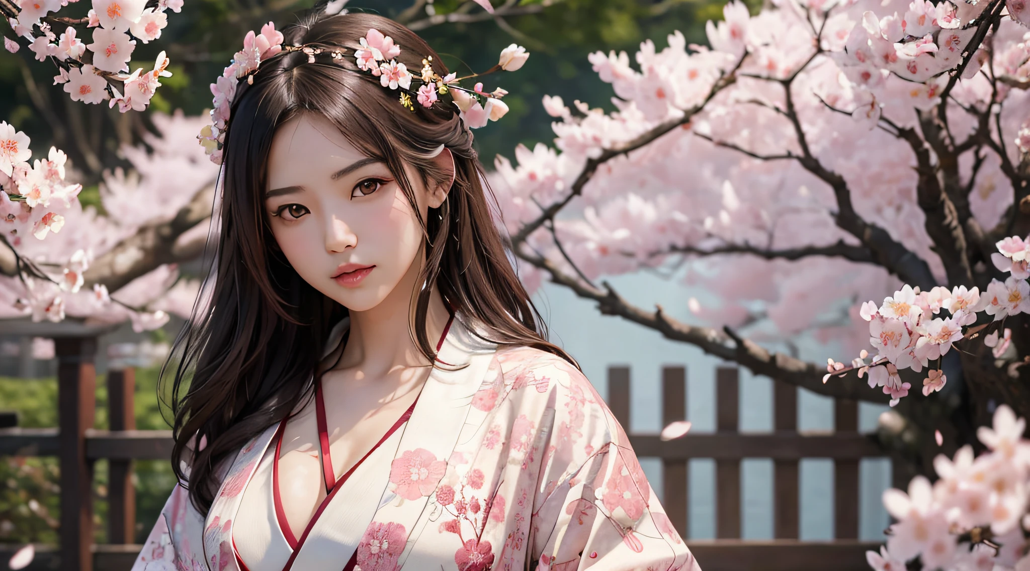 Japanese Girl, long dark brown hair;, realistic face, Realistic faces ,top-quality ,high-res ,4K ,master-piece, perfect breasts, Colossal ,intricate detailed, White kimono with pink flowers, ornament, Against the backdrop of falling cherry blossoms, Japaneseness,sexy