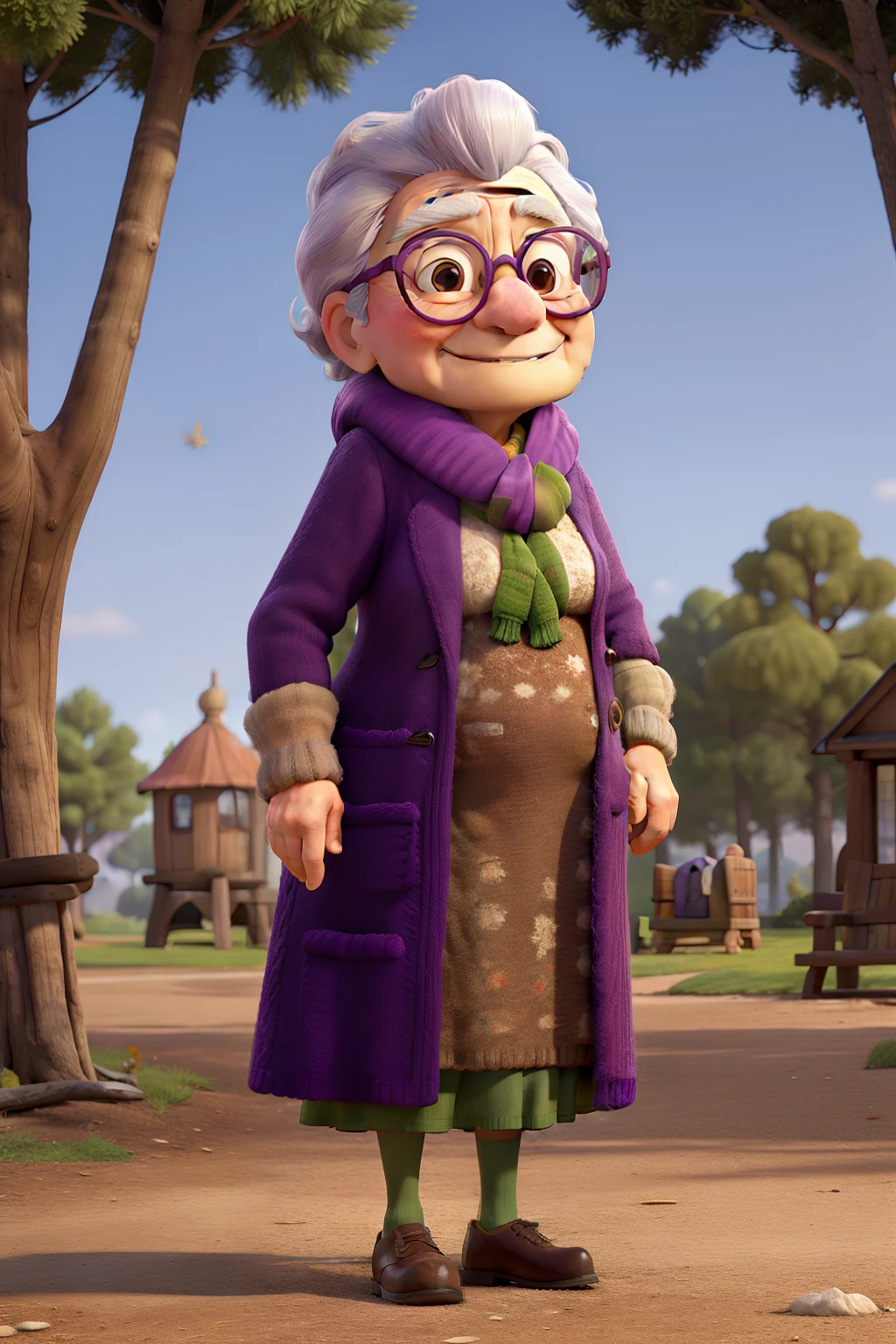 masterpiece, best quality, an old woman with glasses and a scarf on, wearing a purple coat and green scarf, standing at the park