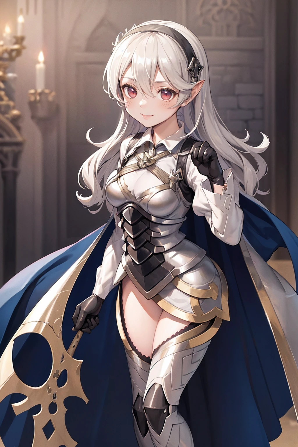 masterpiece, best quality, defCorrin, black hairband, armored dress, blue cape, puffy sleeves, juliet sleeves, vambraces, black gloves, armored legwear, upper body, looking at viewer, castle, gothic architecture, smile, sky, clouds, hands to heart full body, standing