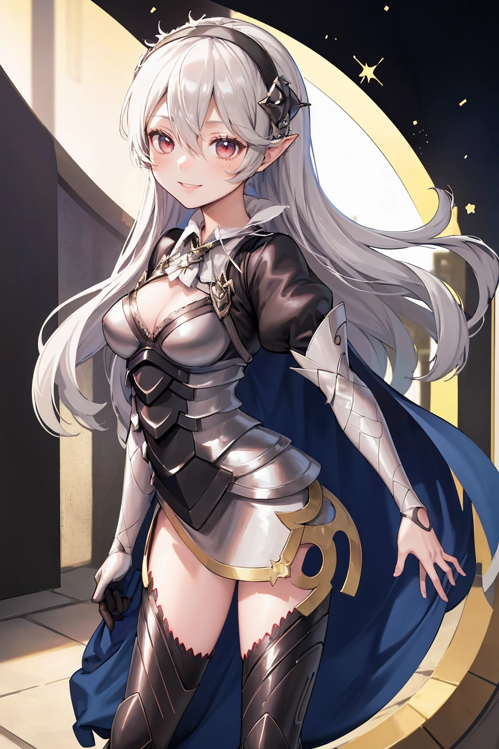 masterpiece, best quality, defCorrin, black hairband, armored dress, blue cape, puffy sleeves, juliet sleeves, vambraces, black gloves, armored legwear, upper body, looking at viewer, castle, gothic architecture, smile, sky, clouds, hands to heart full body, standing