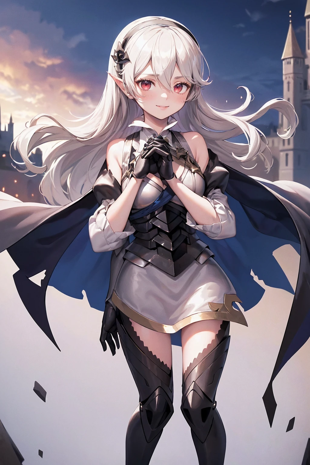 masterpiece, best quality, defCorrin, black hairband, armored dress, blue cape, puffy sleeves, juliet sleeves, vambraces, black gloves, armored legwear, upper body, looking at viewer, castle, gothic architecture, smile, sky, clouds, hands to heart full body, standing