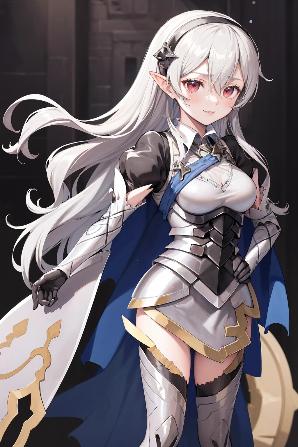 masterpiece, best quality, defCorrin, black hairband, armored dress, blue cape, puffy sleeves, juliet sleeves, vambraces, black gloves, armored legwear, upper body, looking at viewer, castle, gothic architecture, smile, sky, clouds, hands to heart full body, standing