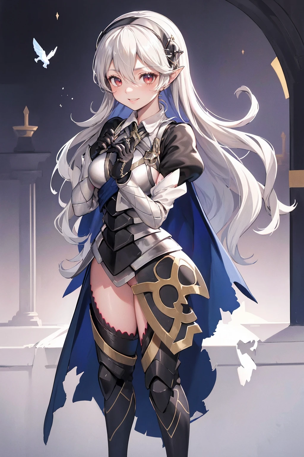 masterpiece, best quality, defCorrin, black hairband, armored dress, blue cape, puffy sleeves, juliet sleeves, vambraces, black gloves, armored legwear, upper body, looking at viewer, castle, gothic architecture, smile, sky, clouds, hands to heart full body, standing