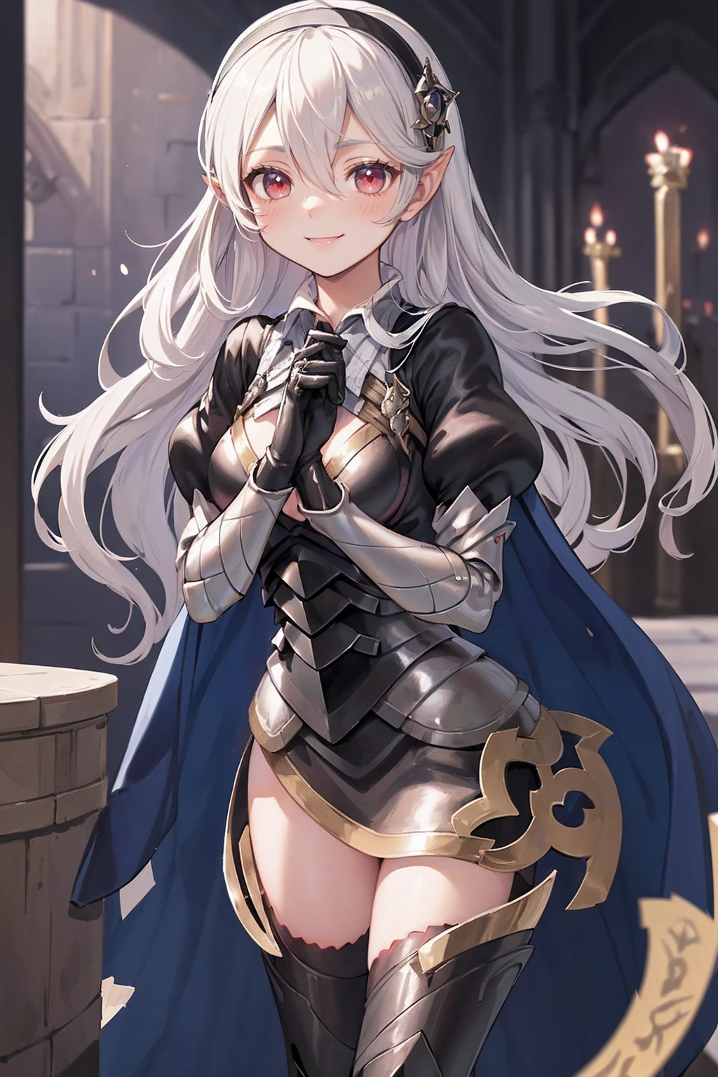 masterpiece, best quality, defCorrin, black hairband, armored dress, blue cape, puffy sleeves, juliet sleeves, vambraces, black gloves, armored legwear, upper body, looking at viewer, castle, gothic architecture, smile, sky, clouds, hands to heart full body, standing