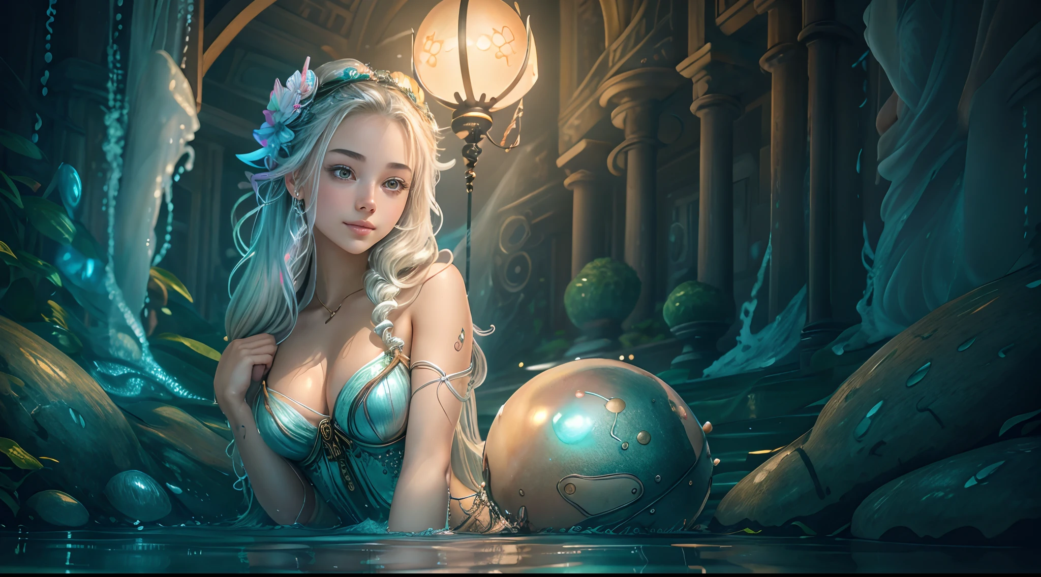 A woman sitting in the pool，Holding a ball in his hand,  Princess Knight, Body, !!Highly detailed!!, Crazy gray hair, author：Lu Ji, pale pointed ears, Full character poster, beautiful as the moon, H 1024, Brody, Inspired by Hajime Sorayama, Warcraft, No package, Beautiful Naiad，A wonderful face, Wonderfully symmetrical face and beautiful realistic eyes, Fill the urn with water by the river, Domenico Lenpus style, A goddess emerging from the water, Long hair blends with water, The skin gets wet with water, Magical forest with lanterns and fantasies, full moon, lamp lights, Night light, Pond with garden,
full bodyesbian, Art of Vladimir Volegov, Art of Vladislav Nagornov, Jean-Baptiste Monge style,
Small floating bubbles, Great girl, Fantastic face, Caucasians,Sexy pose, provocative pose,Naked girl, Visible beautiful, Pink bison, Small breasts in front of the eyes, Tattoos on the , (Masterpiece), Realistic, (Portrait of a girl), neat nose, smooth, young pale skinny white girl, Smile, Chubby, Bright background, Perfect detailed face, Sunlight, photograph realistic, A beautiful woman, Glowing orange-cyan liquid lamp, Liquid splash art, Glows luminous color liquid,  Long hair blends into colorful waves, lanterns, lamps and antique clocks,,   fantasy, fractalized,,  Art in the Saki Mikan style, Slight smile, Legs open, Vistas, 1 sexy girl, Exposed breasts,The skin is covered with water、Foam and bubbles get wet,View from below, The open leg shows the splay , The beautiful and full female body is moistened with water,Wet skin, Legs are visible apart , In sight, Beautiful naked woman lying in the pond, A bed floating in a pond, Floating antique clock, lamp lights, lantern, The night sky and the storm, full moon,Extremely smooth and smooth paint, 3D liquid coatings, 3d fractal, golden colored、Silver and bronze metallic, Light particles, Dreamy, 3D soft relief, Brilliant sparkles,