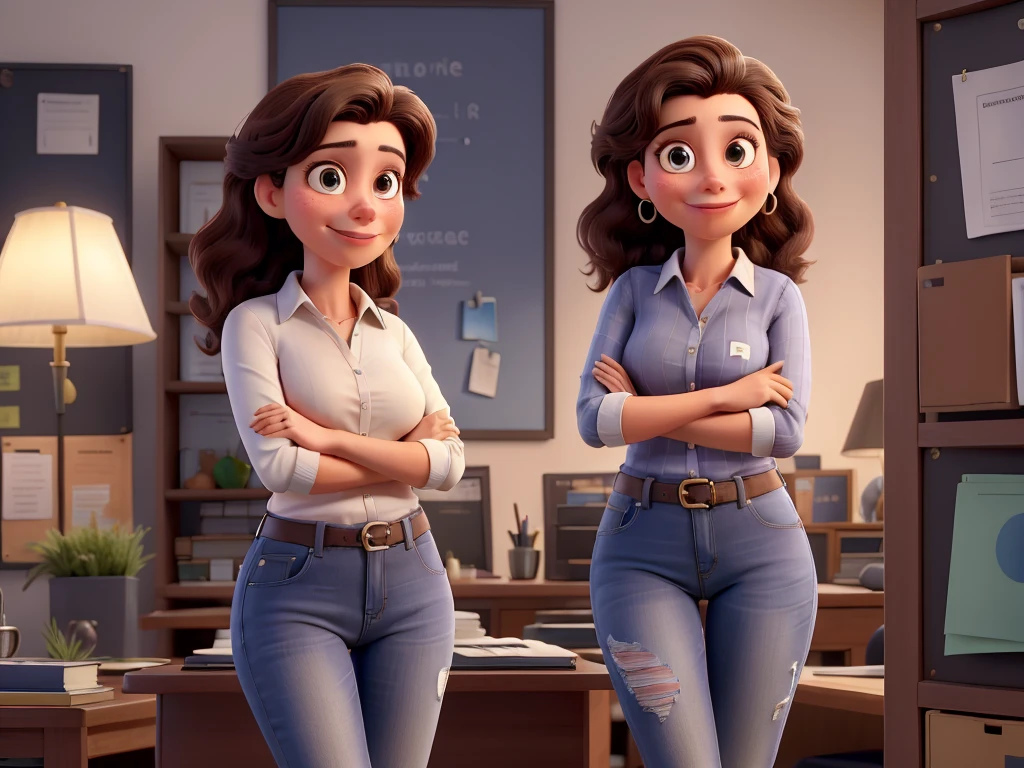 Por favor, criar umretrato de alta qualidade da personagem Aurora Arruda, A young and successful Brazilian businesswoman. She's a young woman, por volta de seus 28 anos, de pele branca, cabelos lisos, long and brown that reach the waist. Em cada retrato, Aurora will be smiling, Looking directly into the camera and with open arms.

Ademais, gostaria de explorar diferentes estilos de roupas para Aurora em cada retrato. She will be dressed in a navy blue polo collar shirt, jeans e saltos. Make sure the portraits convey Aurora's personality and versatility as a successful businesswoman in her new office.