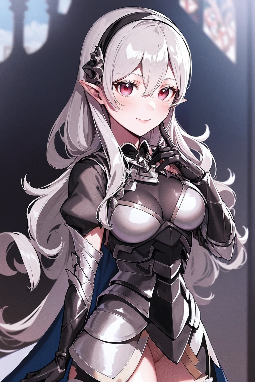 masterpiece, best quality, defCorrin, black hairband, armored dress, blue cape, puffy sleeves, juliet sleeves, vambraces, black gloves, armored legwear, upper body, looking at viewer, castle, gothic architecture, smile, sky, clouds, hands to heart full body, standing