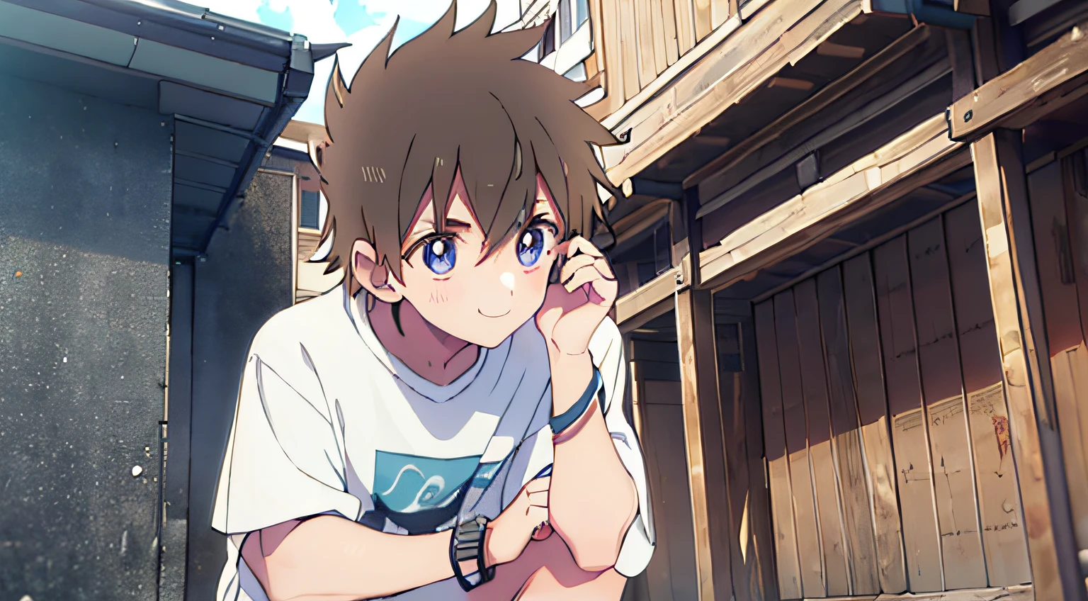 masterpiece, best quality, solo,1boy,messy stylish hair that falls casually over his forehead,medium hair,bright eyes that are usually a warm shade of brown, Slim and fit, bracelet or a wristband ,light brown hair, {{{{giant}}}}, {{{from below}}}, smile, {{{trample at viewer}}}, closed mouth, age,squatting, completely nude,face down,