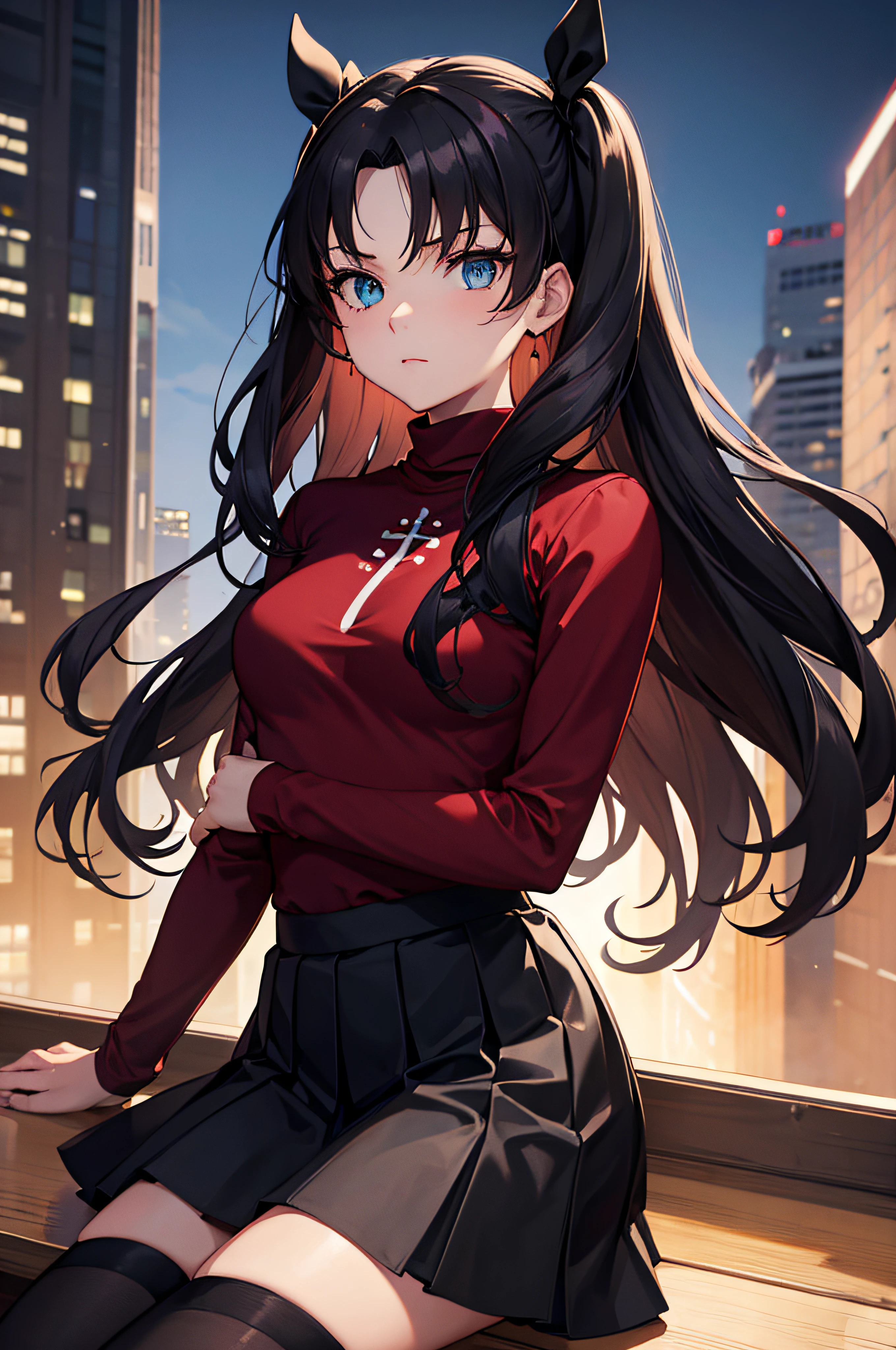 (masterpiece), best quality, expressive eyes, perfect face, 1girl, solo, rintohsaka, rin tohsaka, aqua eyes, black hair, hair ribbon, long hair, ribbon, sidelocks, two side up, black skirt, black thighhighs, long sleeves, miniskirt, pleated skirt, ((red sweater)), skirt, sweater, thighhighs, turtleneck, city background, sitting, character sheet, upper body, portrait, looking at viewer