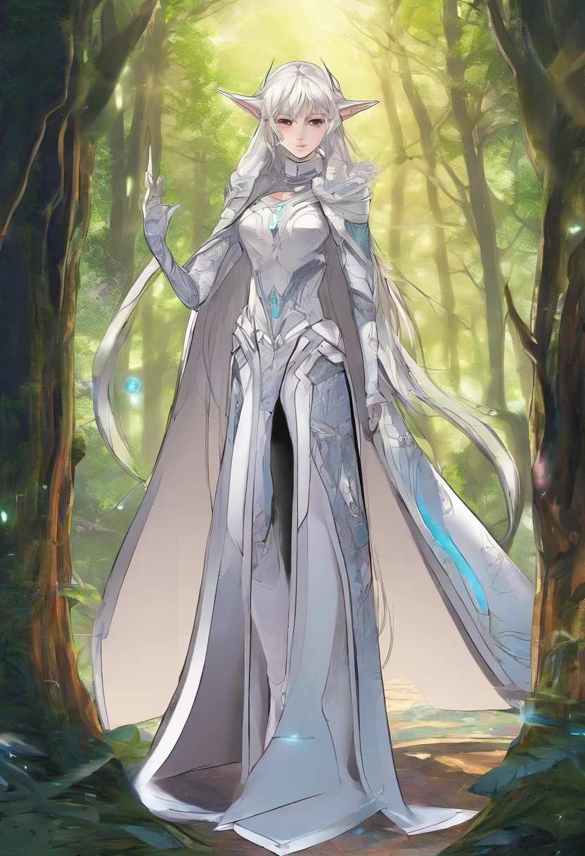 1 The elven girl held out a finger,Point forward,standing on your feet,1 wolf,The background is forest,facing at camera,Faraway view,Long shots
