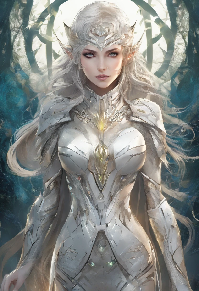 1 The elven girl held out a finger,Point forward,standing on your feet,1 wolf,The background is forest,facing at camera,Faraway view,Long shots
