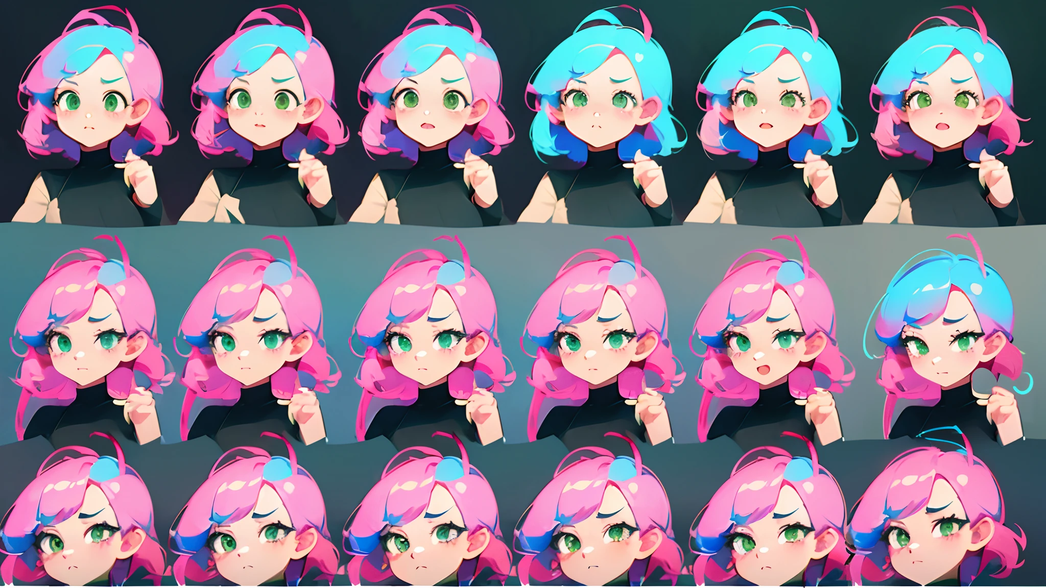 Pink haired girl, short, green eyes, pixar style, cartoon character, multiple expressions and poses, character sheet, full body --auto --s2