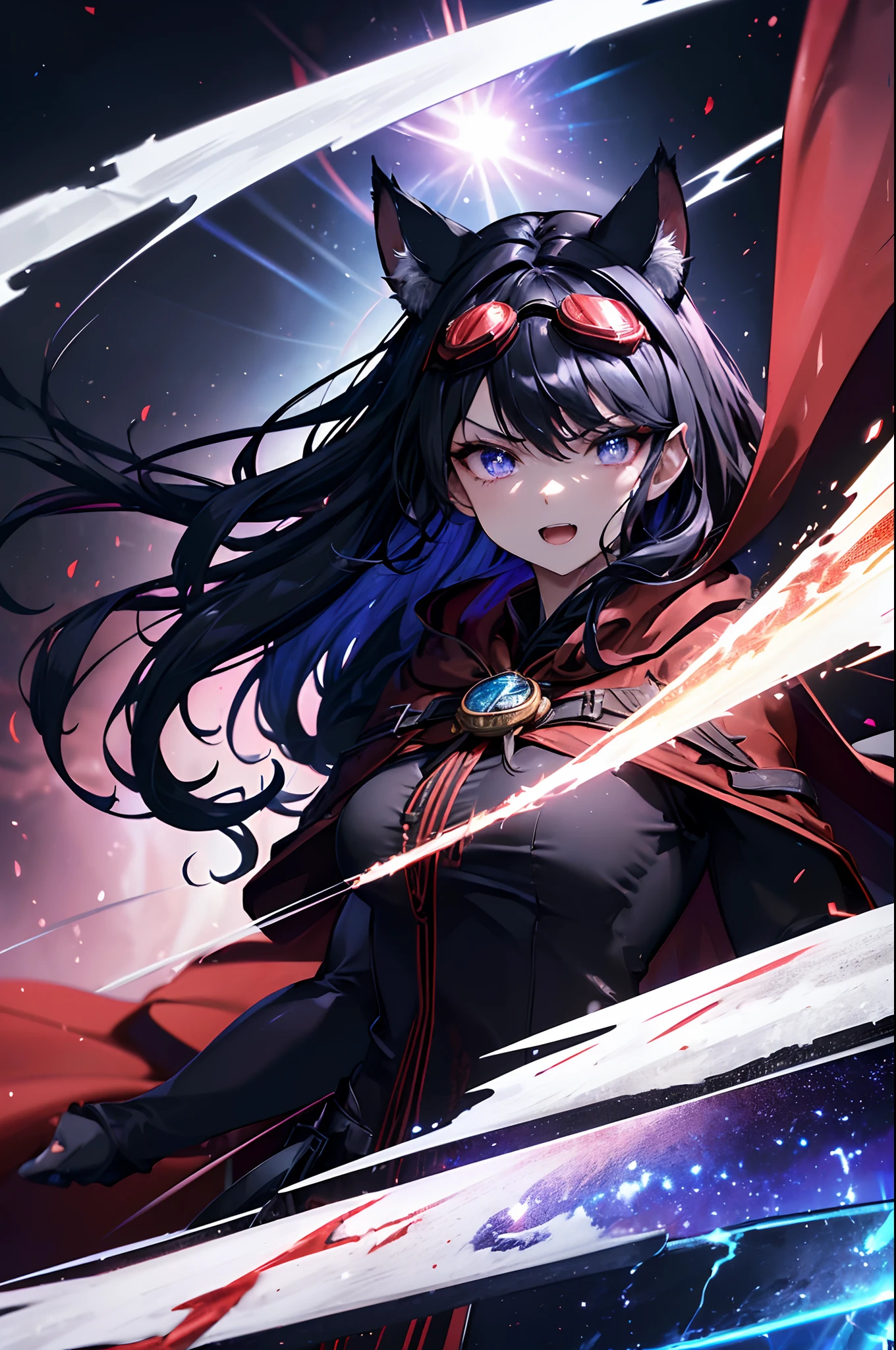 hiquality、hight resolution、Top image quality、(Cat's ears、Wear detailed goggles on your head:1.7)、(very long long hair、Emphasis on black hair:1.5),(Detailed eye focus:1.3)、 (Complex church background:1.3),(angry、Bullish smile、Provocative、Opening Mouth:1.3)、(breast closeup:0.7),(Frontal profile of the upper body:1.7),(Face Zoom:1.5),(Dark Sorcerer Costume、Wear a wizard's dress:1.5),(Wear a red cloak:1.4),A vortex of blue light enveloped her, Canon 5D, 85 mm, Depth of subject,autofocus, 8K, ultra sharpness, nffsw, octane, Unreal, Dramatic light, Global Illumination,Motion Picture Film,rainbow,lensflare,Highly detailed,(Black Wizard Dress:1.3),(Fantasia:1.3),(Agfacolor:1.3),(Detailed eye zoom:1.3),(Feminine:1.4),(Beautiful:1.4),(Attractive:1.3),Move an angle,(Background of the Demon World、Dark Theme 1.3),(perfectly detailed eyes,redeyes:1.4),Studio Lighting,Themed Background,hair messy,Myths and the spread of wings、Apply lipstick。(brilliance:1.4),(iridescent:1.3),Luxury Specifications、Complex and detailed landscapes、(Battle Angle:1.7),adult woman, Sexy Competition、Emphasize provocative breasts