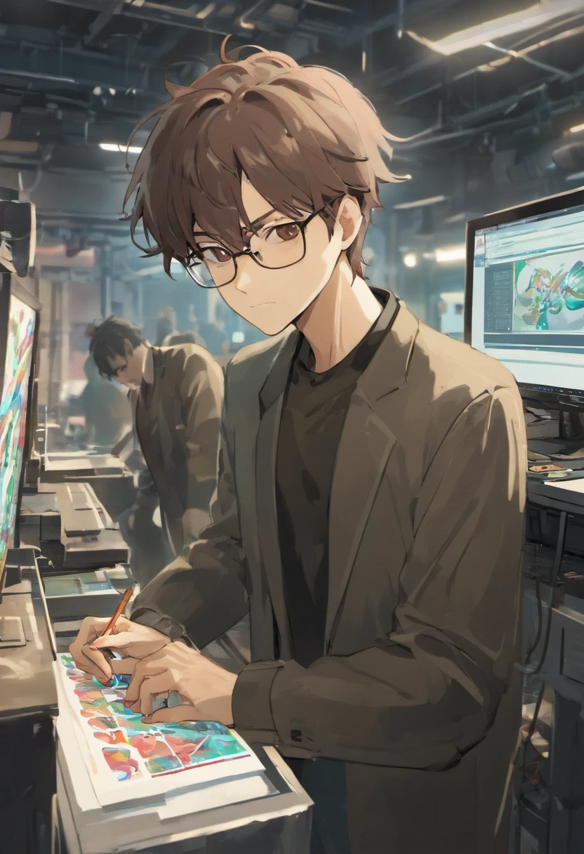 man, 50 years old, middle aged, short gray hair, ((((long thin face, thin chin, smooth face, dark brown eyes)))), (((very thin and inconspicuous, silver glasses))) , wearing a formal shirt, gummy smile, slender body, standing behind a counter with computers. illuminated by the light of a lamp, against the backdrop of a (((((graphic printing industry with several employees and many printers, "PRINTING MACHINES"))))), plotters, printed pages in a large white hall.