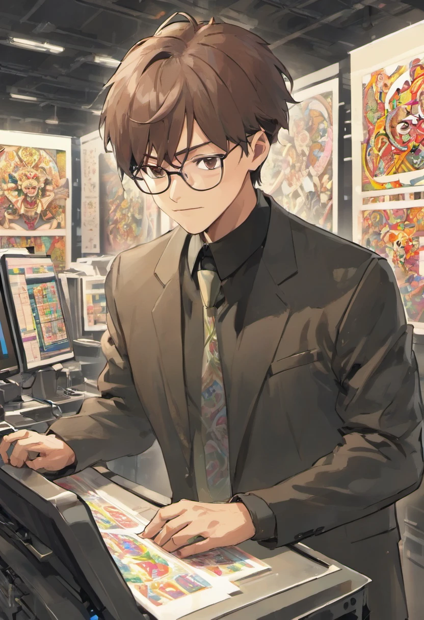 man, 50 years old, middle aged, short gray hair, ((((long thin face, thin chin, smooth face, dark brown eyes)))), (((very thin and inconspicuous, silver glasses))) , wearing a formal shirt, gummy smile, slender body, standing behind a counter with computers. illuminated by the light of a lamp, against the backdrop of a (((((graphic printing industry with several employees and many printers, "PRINTING MACHINES"))))), plotters, printed pages in a large white hall.