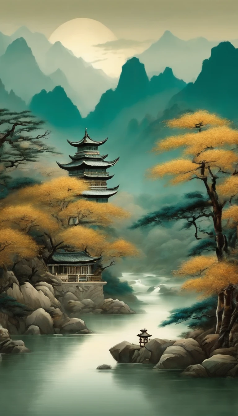 An idyllic Chinese mural, Teal and light gray style, Layered landscape, japanese style art, monumental murals, Ricoh FF-9D, Golden Age aesthetics, Exotic landscape