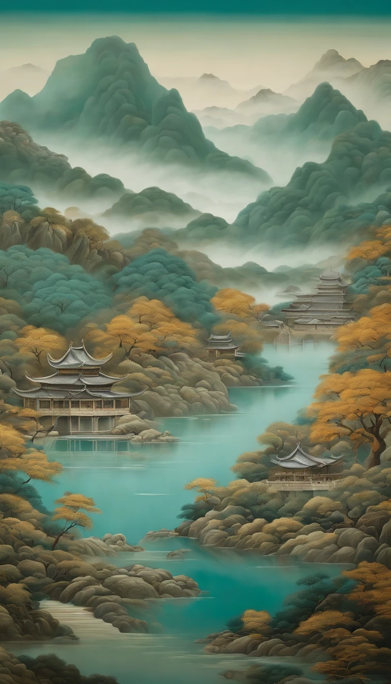 An idyllic Chinese mural, Teal and light gray style, Layered landscape, japanese style art, monumental murals, Ricoh FF-9D, Golden Age aesthetics, Exotic landscape