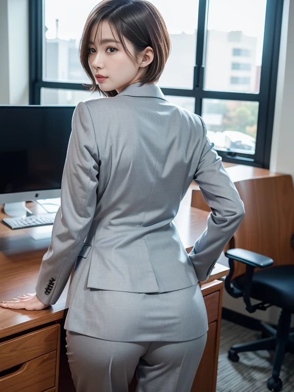 (Best quality, 8k, 32k, Masterpiece, UHD:1.2), 1girl, beautiy Japanese woman, narrow waist, grey suit, open jacket, office lady, suit, pants, from behind, office room, desk,  (stick out one's buttocks:1.2), detailed face, short hair,