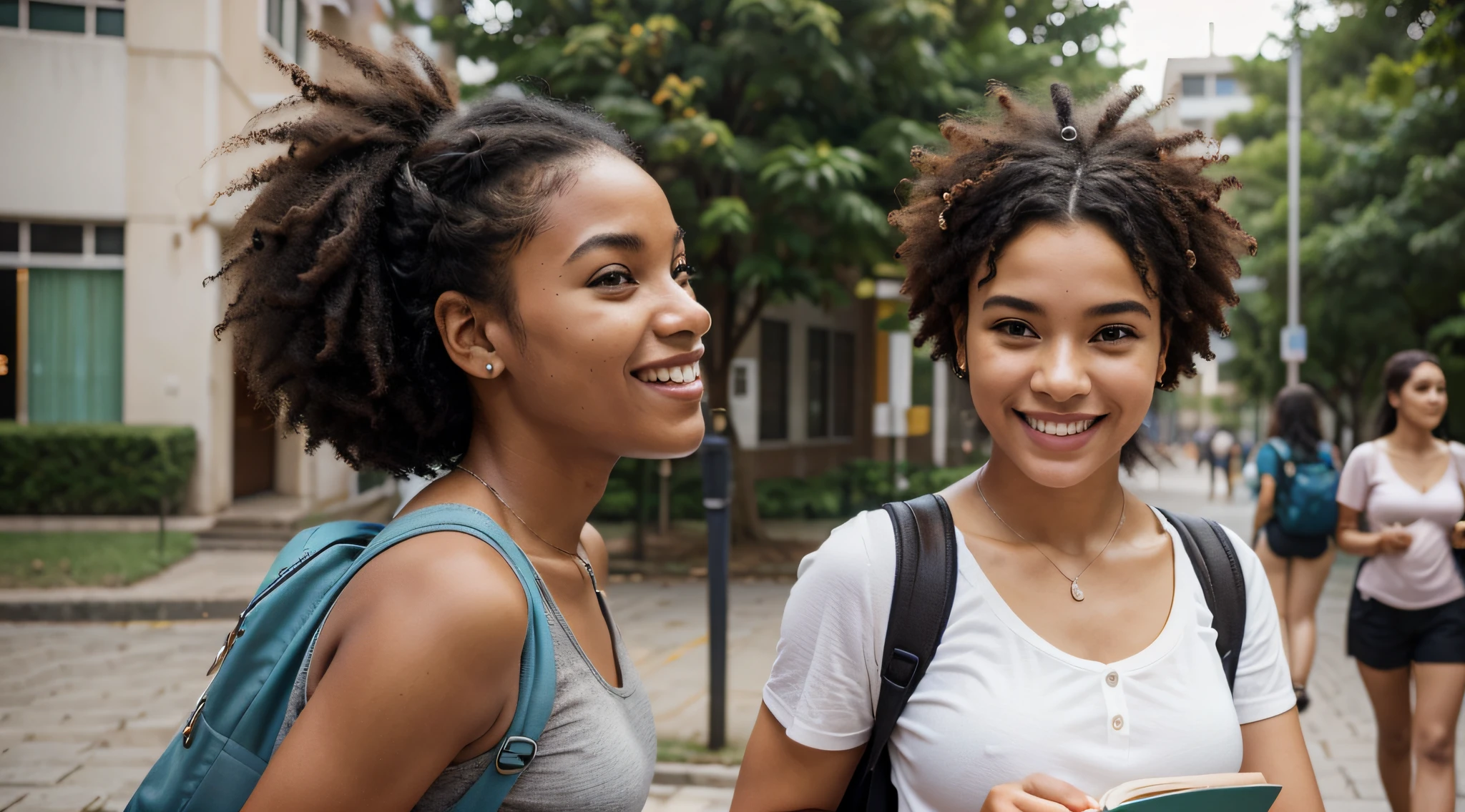 Generate an image of a Brazilian student happily strolling through a busy university campus. she is tall and slender, com um penteado afro marcante que exala um senso de individualidade. Her captivating light brown eyes sparkle with determination and curiosity.
She's dressed in a loose, blusa verde, uma cor que complementa seu sorriso radiante. She wears a practical student backpack on her back, symbolizing your academic dedication. Enquanto ela caminha, She carries a stack of graphite-covered books in one hand, showcasing your passion for literature, And she holds a modern set of wireless earbuds around her neck.
This distinguished student embodies the spirit of a cheerful, Estudante apaixonada por livros com seu penteado afro, while confidently navigating the lively atmosphere of the university campus.