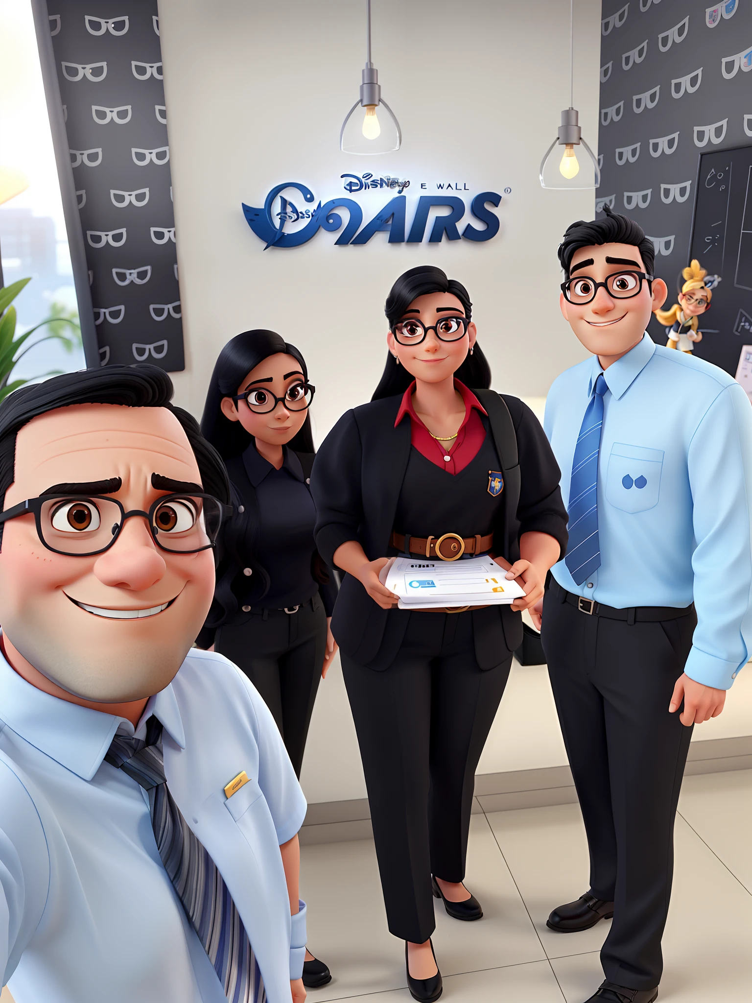Working team gathered with all bespectacled and two male with black hair and two female women with long, cabelos morenos Estilo Disney Pixar, alta qualidade, best quality.