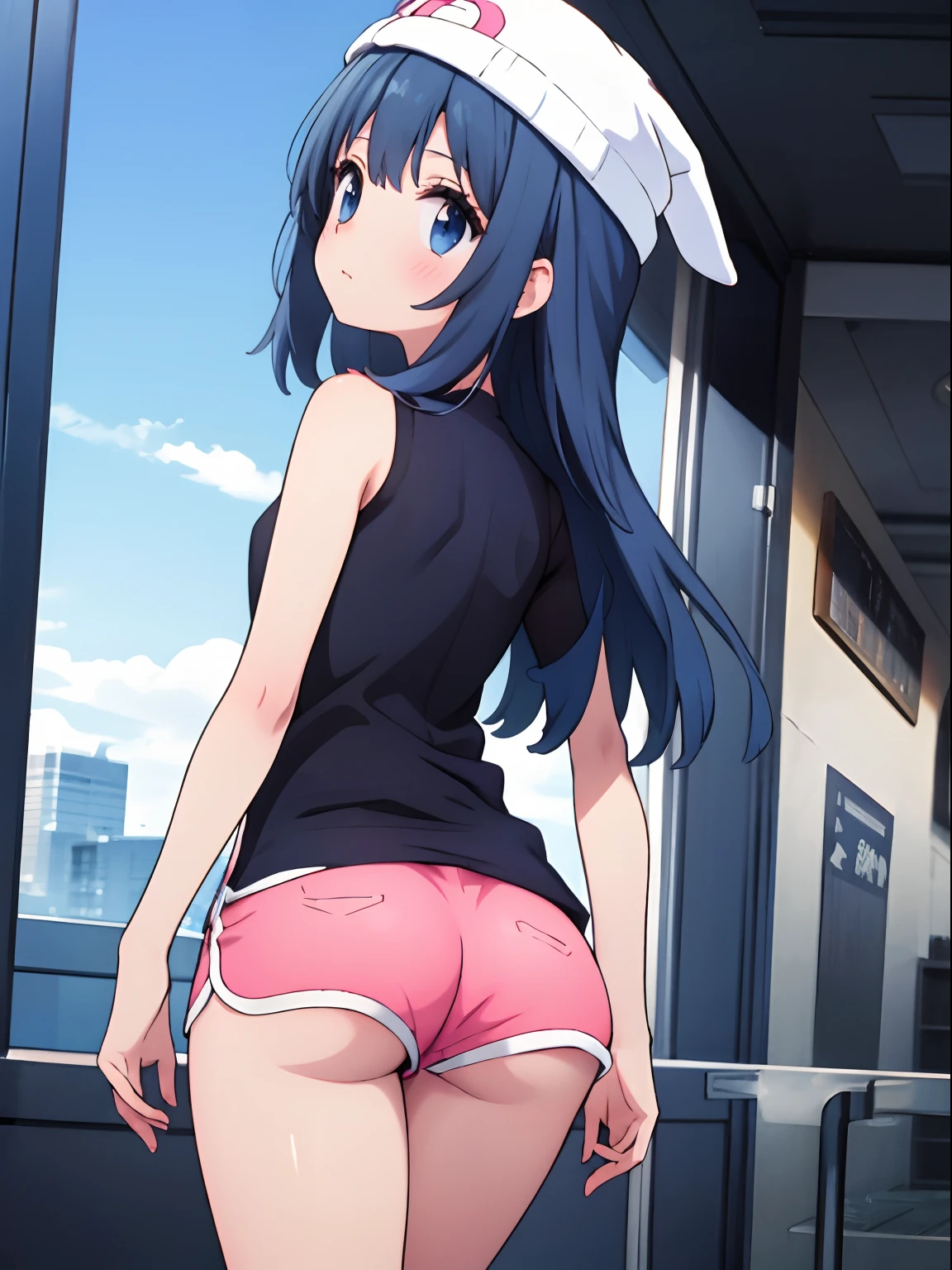 1girl, erotic, nsfw, 18+, small dolphin shorts, pink shorts, looking back, ass, pantyshot,, masterpiece, best quality, highly detailed, long dark blue hair, blue eyes, white hat