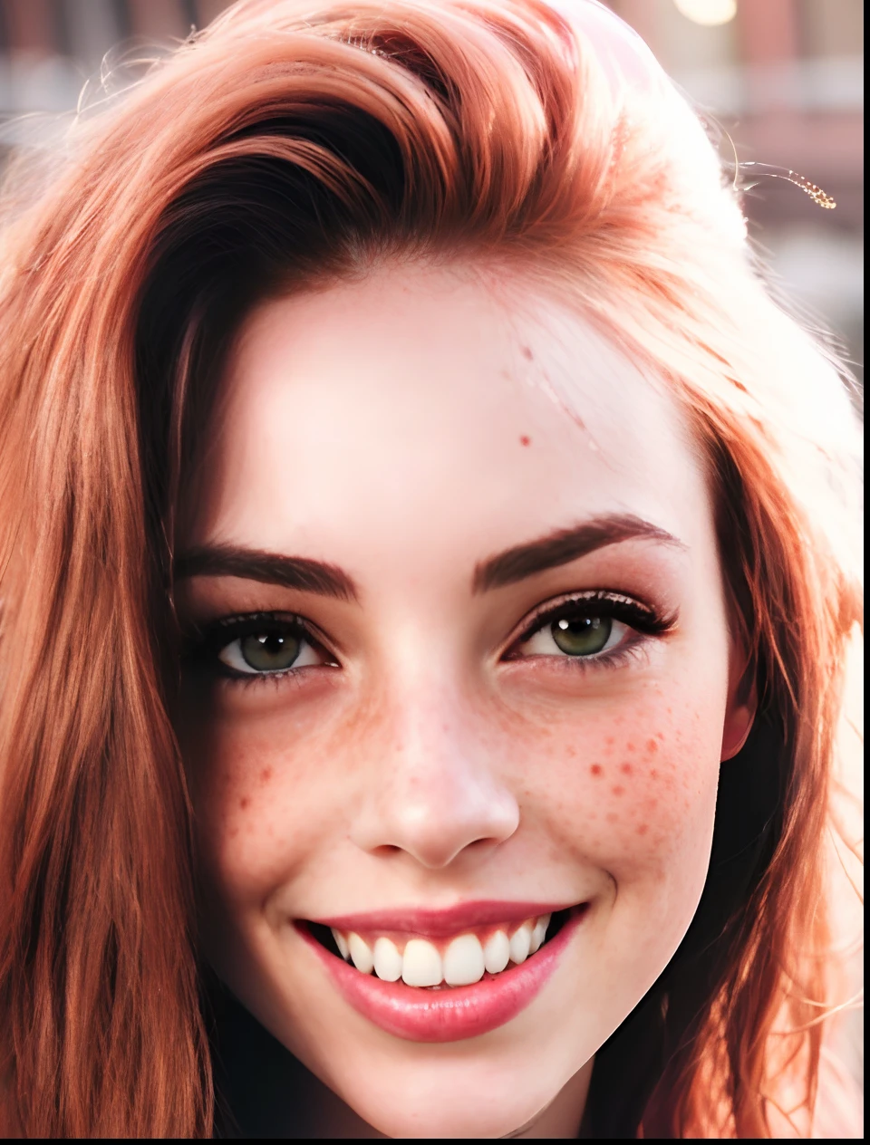 a close up of a woman with freckles and a smile, ginger hair with freckles, red hair and freckles, hint of freckles, freckled face, light cute freckles, freckled pale skin, light freckles, freckled, freckles, with freckles, very light freckles, cute freckles, elegant freckles, red hair and attractive features, rosy cheeks with freckles, freckle