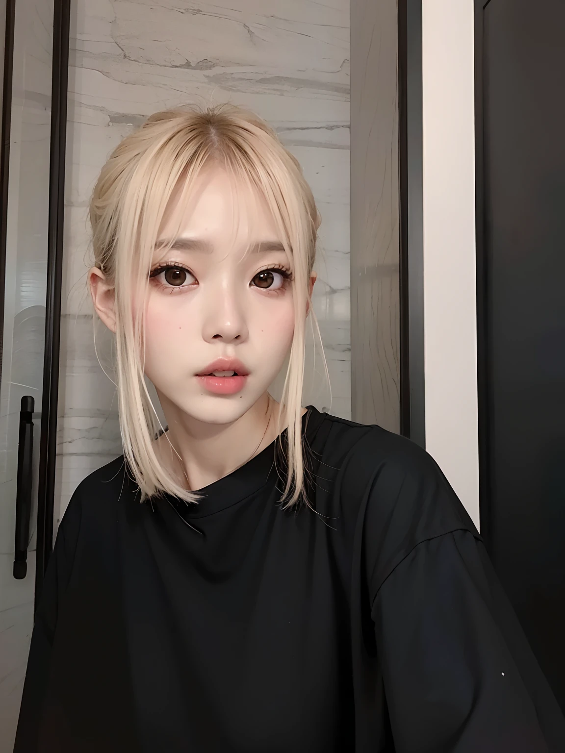 um close up de uma mulher com longos cabelos loiros e um estrangulamento, Ulzzang, cruel korean goth girl, Ela tem cabelo preto com franja, coreana, Mulher sul-coreana bonita, wan adorable korean face, young adorable korean face, korean face features, linda mulher coreana jovem, Jisoo do Blackpink, mulher coreana jovem bonita, preto hime corte cabelo, Jinyoung Canela