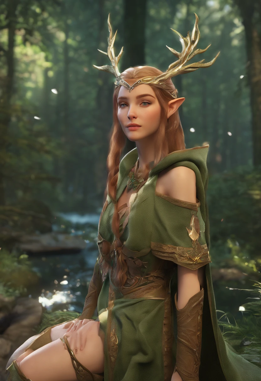 1 The elven girl held out a finger，Point forward，standing on your feet，1 wolf behind him，The background is forest，facing at camera，Faraway view，Long shots