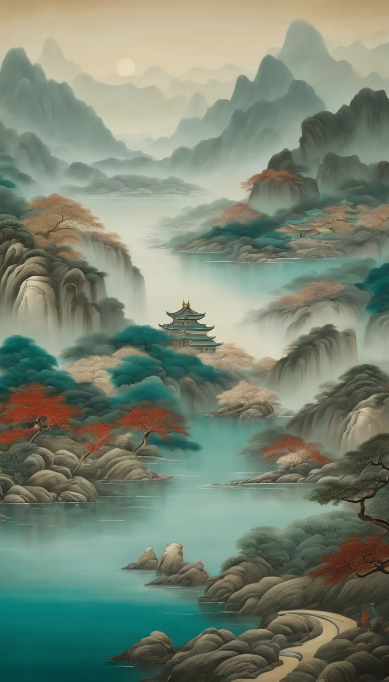 An idyllic Chinese mural, Teal and light gray style, Layered landscape, japanese style art, monumental murals, Ricoh FF-9D, Golden Age aesthetics, Exotic landscape