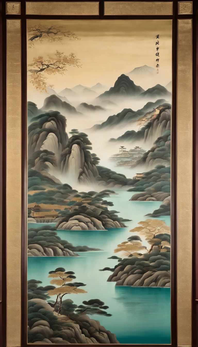 An idyllic Chinese mural, Teal and light gray style, Layered landscape, japanese style art, monumental murals, Ricoh FF-9D, Golden Age aesthetics, Exotic landscape