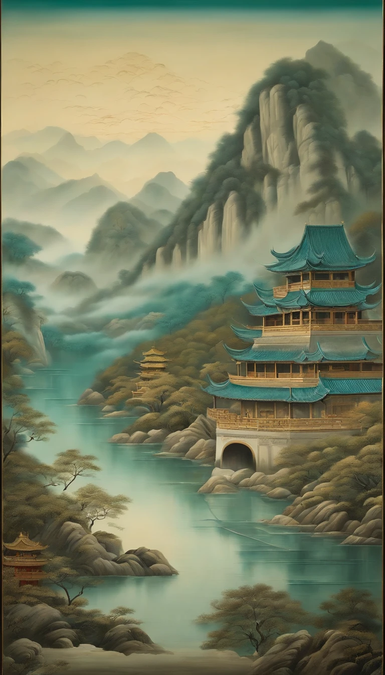 An idyllic Chinese mural, Teal and light gray style, Layered landscape, japanese style art, monumental murals, Ricoh FF-9D, Golden Age aesthetics, Exotic landscape