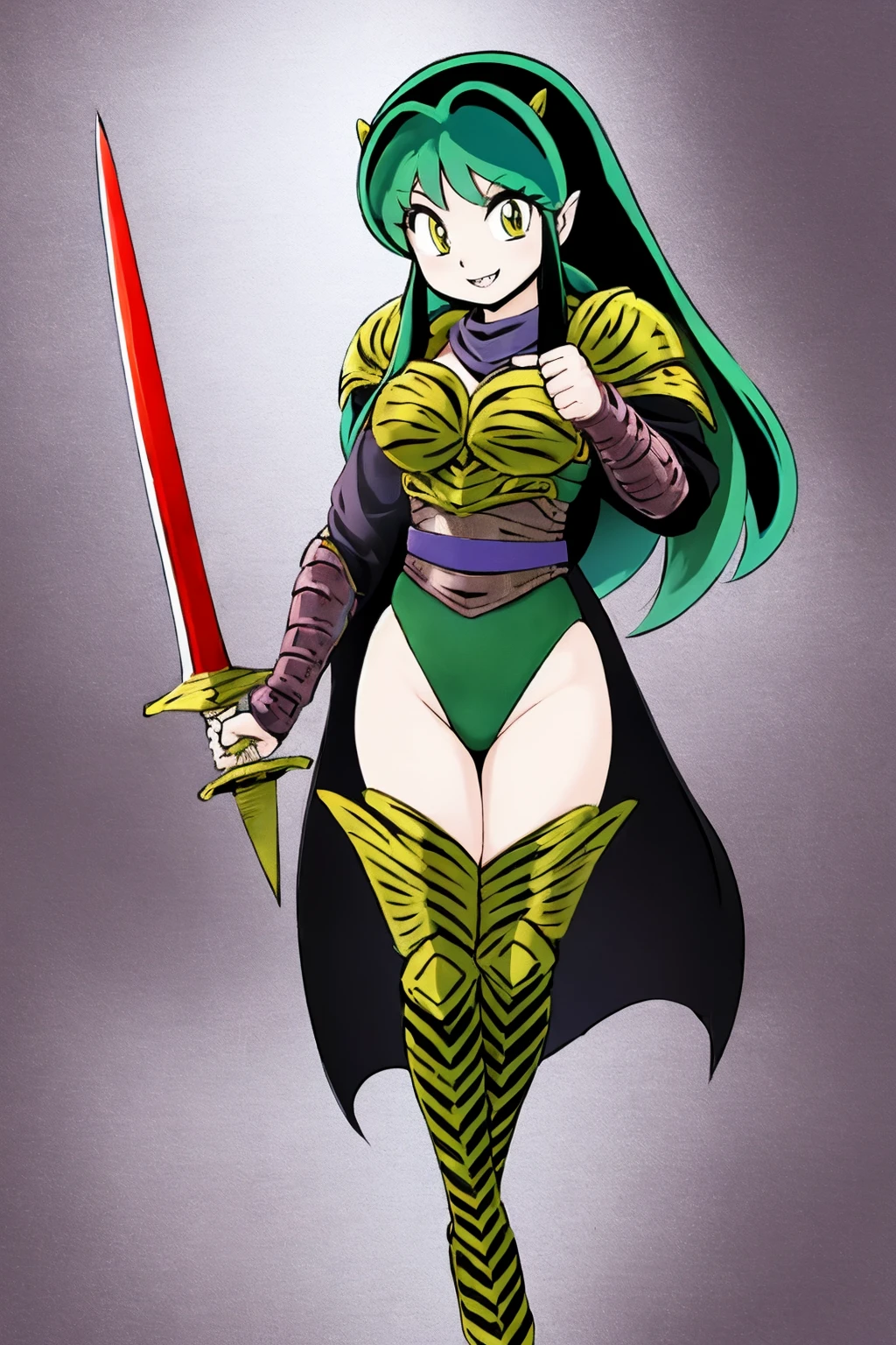 (armored leotard:1.2), corset, breastplate,lum, , urusei yatsura, cloak, pants, pullover, kimono,martial pov,, pantyhose, sharpteeth, standing,smile, matial art, sword holding