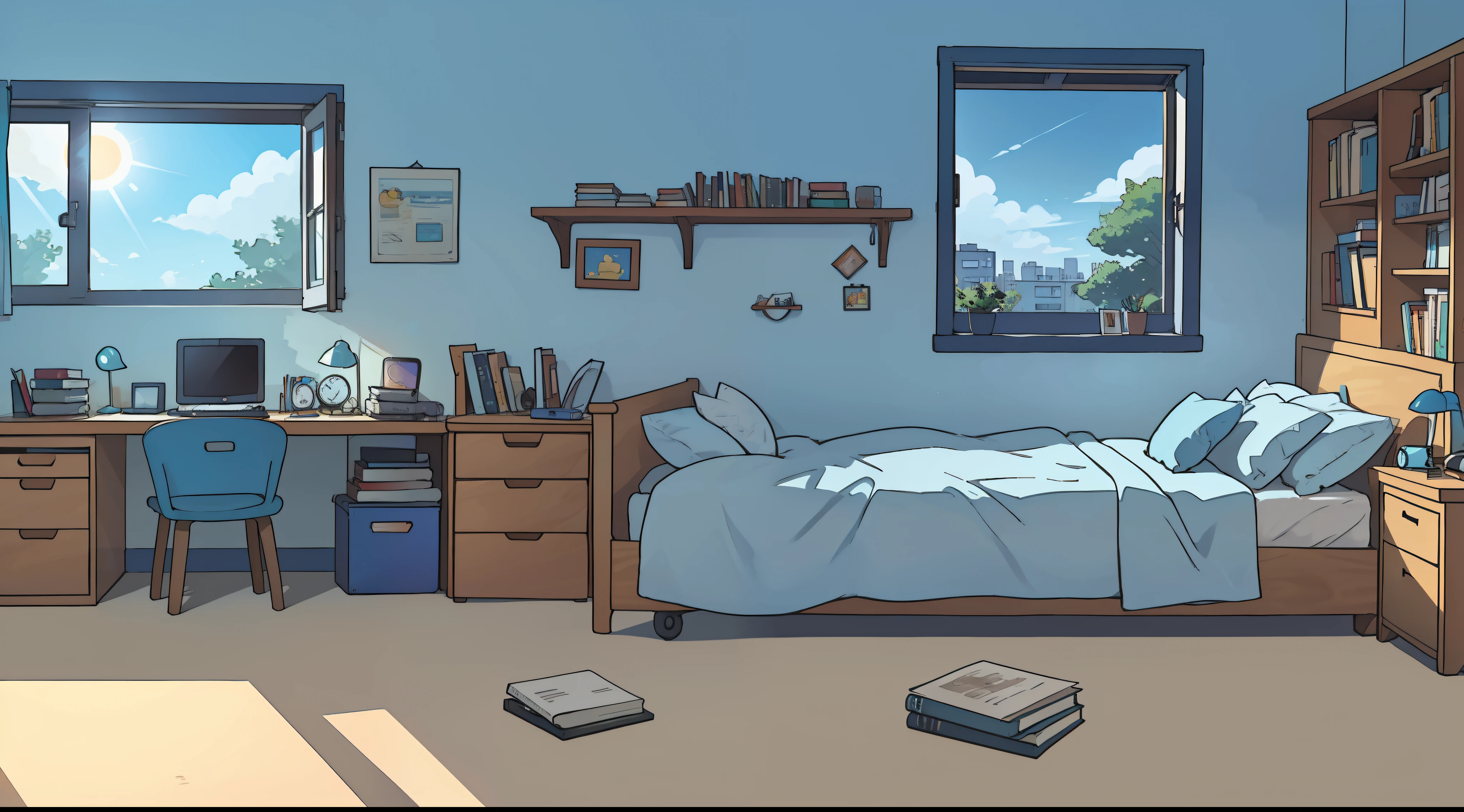A teenager's room with computer, bed, books and a jenela with blue sky and sun