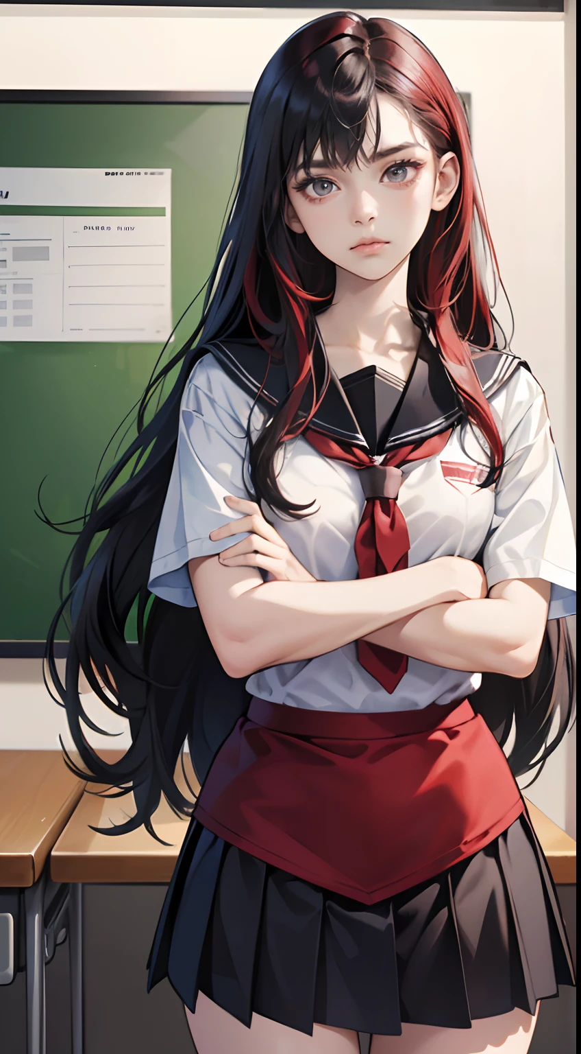 (Best Quality,4K,High resolution), 18yo woman, Red mesh hair on black hair, Long hair, Straight hair, Cool Woman, Cold eyes,sharp eye , Intricately drawn, Realistic portrayal,School classroom background,female high-school student,School Uniforms,Navy blue skirt,summer clothing, shortsleeves,Crossed arms with a sullen expression,
