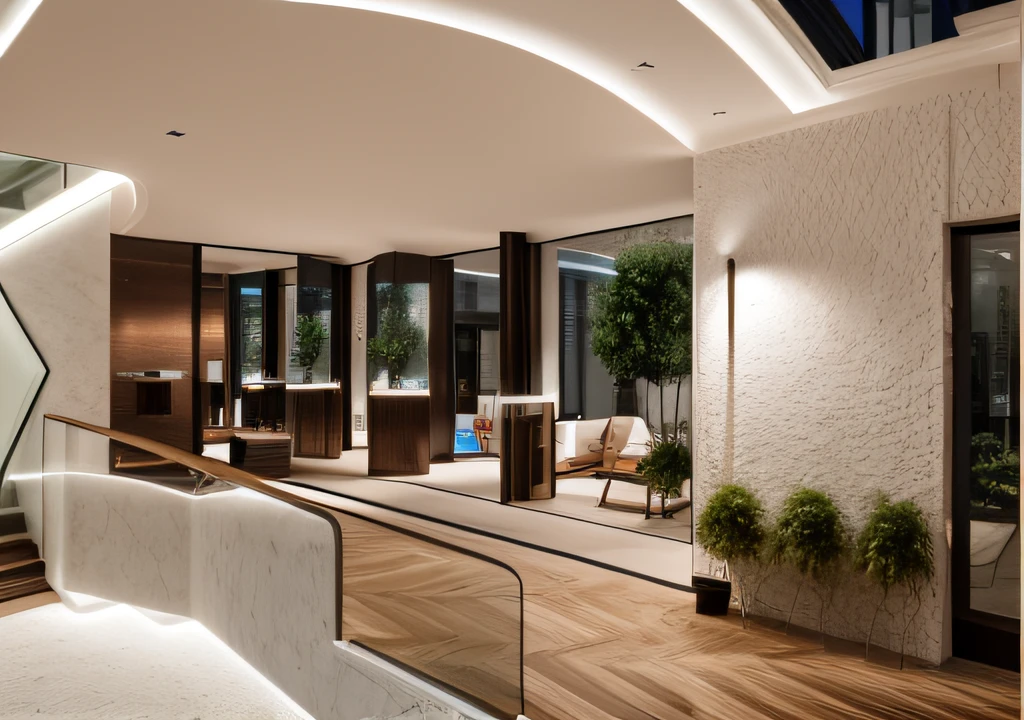 RAW photo, Masterpiece, high quality, best quality, authentic, super detail, interior Aluminum Window Showroom, impressive aluminum window display space, functionality, Sample door and window display area, ((modern plaster ceiling with magnetic led lights)), (Modern minimalist lines:1.2), tree,(sunset), archdaily architecture, (high detailed :1.2), 8k uhd, dslr, Spot lighting, high quality, photography shot with Leica CL with Leica Summilux-TL 35mm f-1.4