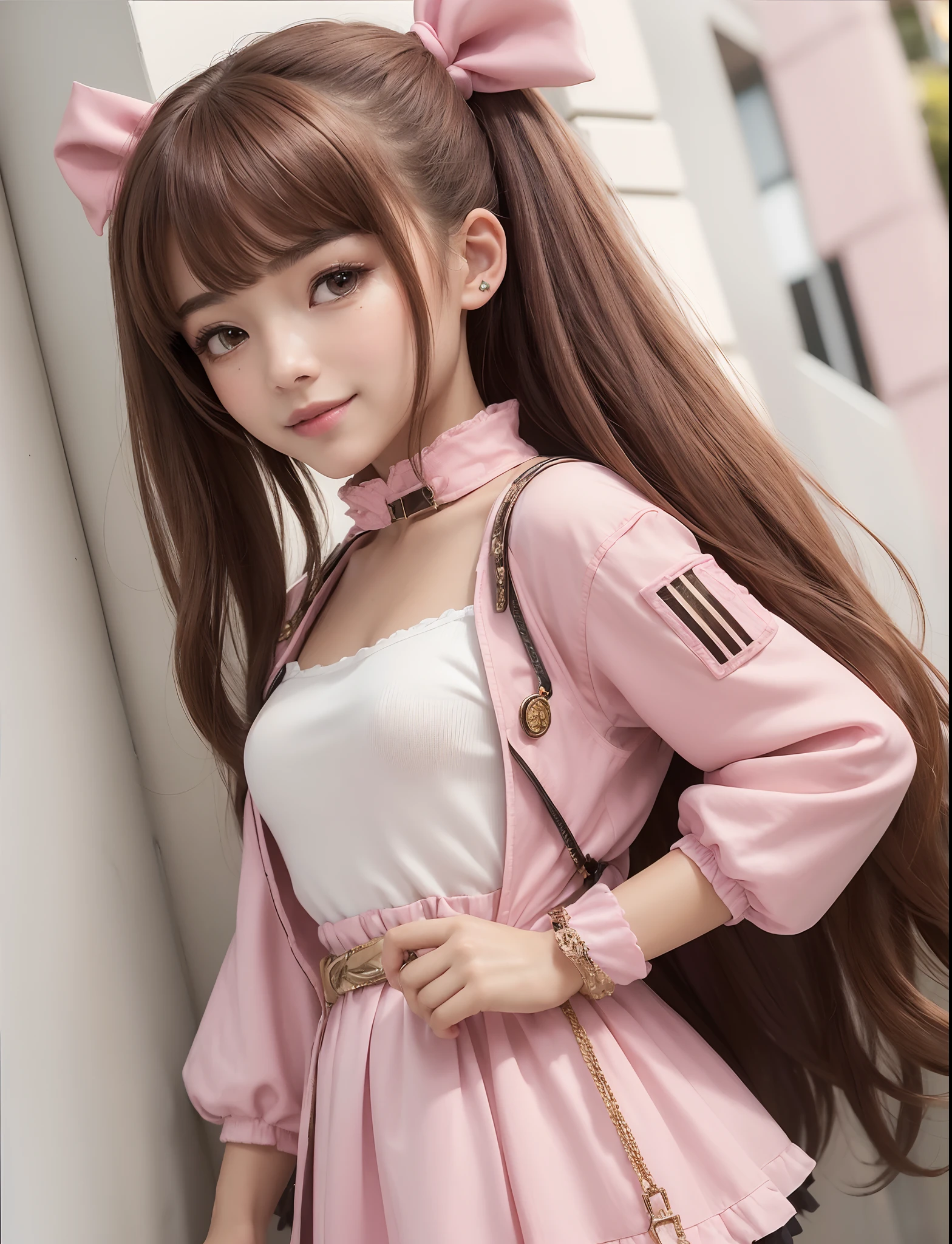 (masterpiece, best quality:1.4), (future days), (wide shot), (front shot), (1girl), solo, (european youth:1), aerith gainsborough, ((smiling))ruby pendant on gold chain, hair bow, bracelet, lue leather long dress, yellow boots, long hair, green hair ribbons, pink hair flowers, red denim jacket,high detailed skin, dslr, soft lighting, high quality, highly detailed face, highly detailed skin, skin pores, subsurface scattering, realistic pupils, medium breast, full face blush, full lips, detailed background, depth of field, volumetric lighting, sharp focus, absurdres, realistic proportions, good anatomy, (realistic, hyperrealistic:1.4), 16k hdr,