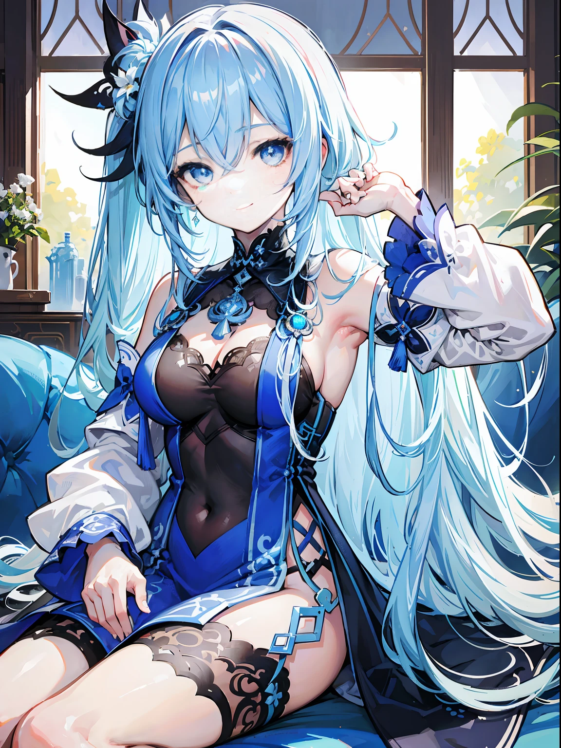 (masterpiece), (best quality), (ultra detailed),(disheveled hair),(illustration), (1girl), standing, smiling, beautiful detailed eyes, light blue eyes, detailed beautiful face, (Focalor: 1.2), focus on face, Focalor(genshin impact), light blue hair, detailed hair, bangs, best lighting, best shadow, highly detailed, vibrant, sitting on sofa
