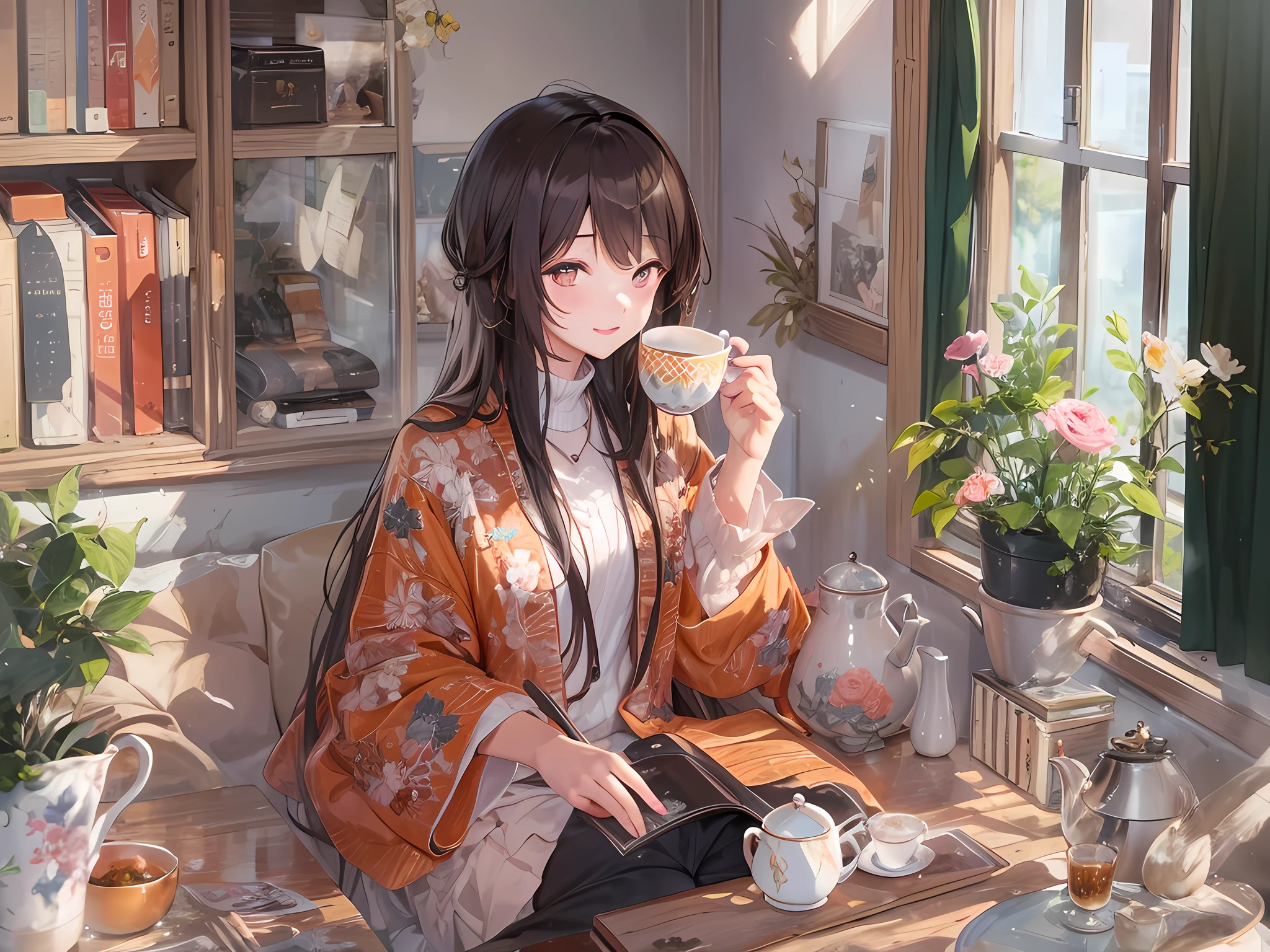 after noon, indoor, 1girl, hot tea